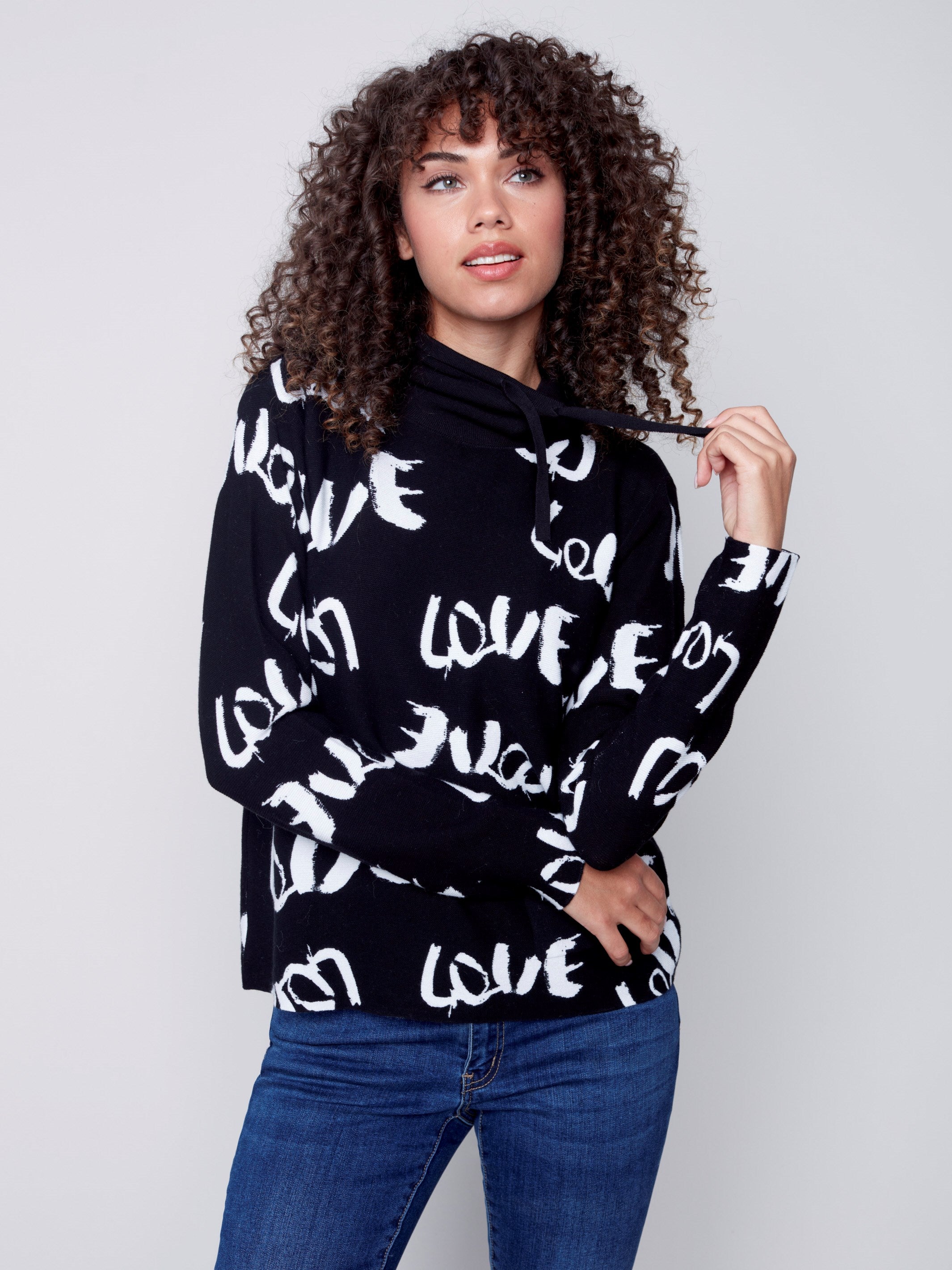 Printed Ottoman Cotton Funnel Neck Sweater - Black & White