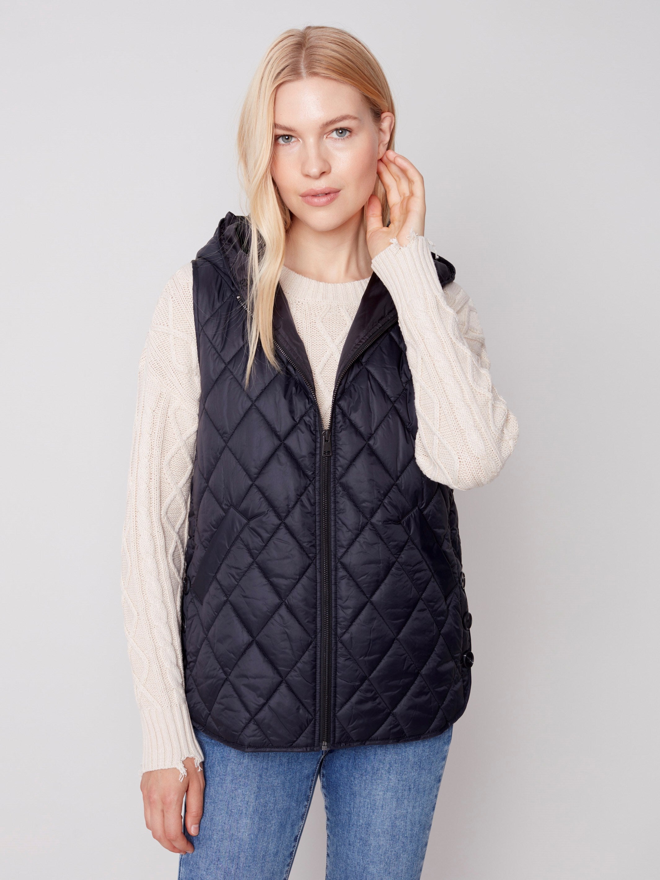 Women's Quilted Puffer Vest with Hood | Black | Charlie B