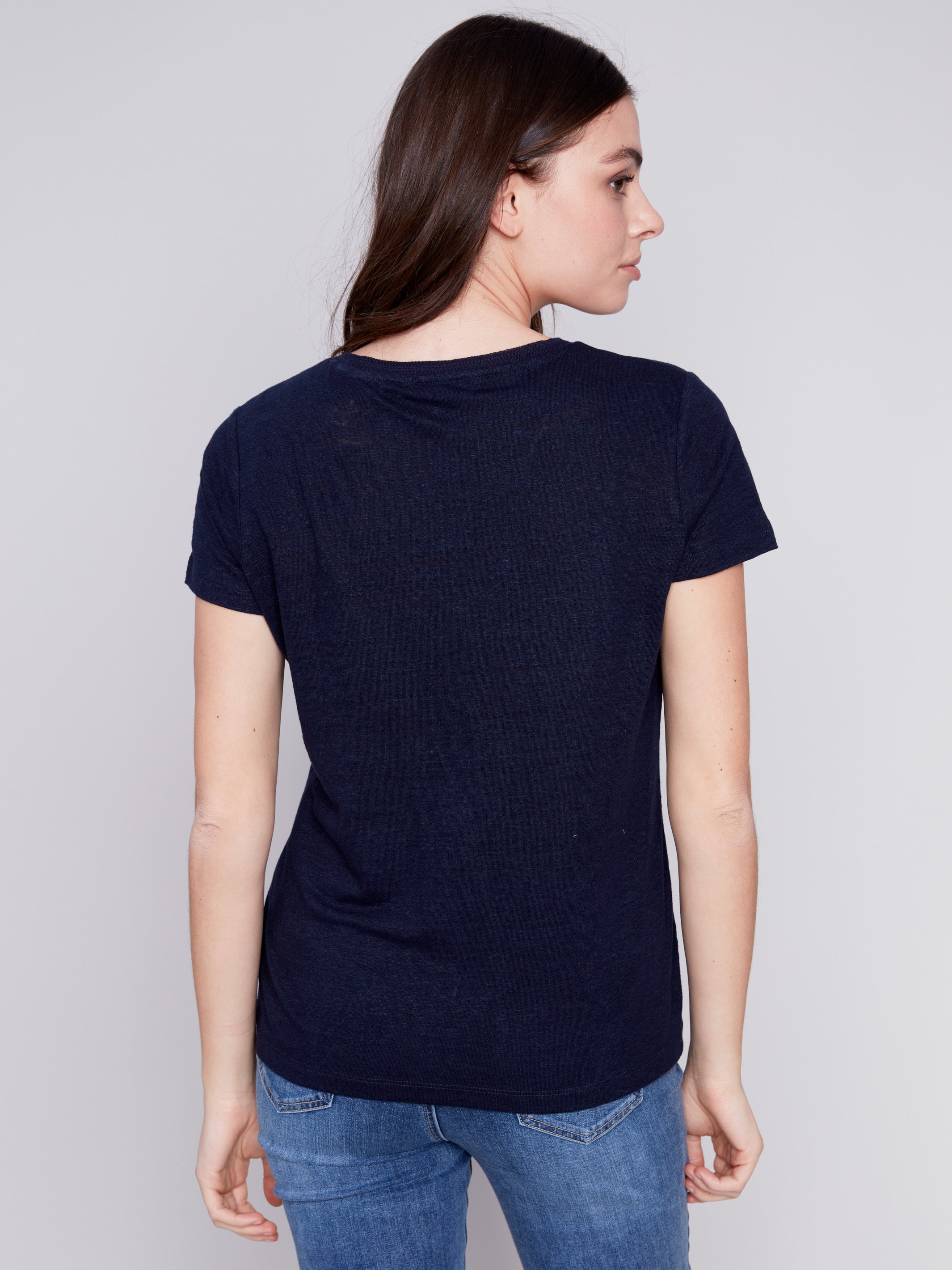 Women's Linen T-Shirt - Marine Blue | V-Neckline | Charlie B