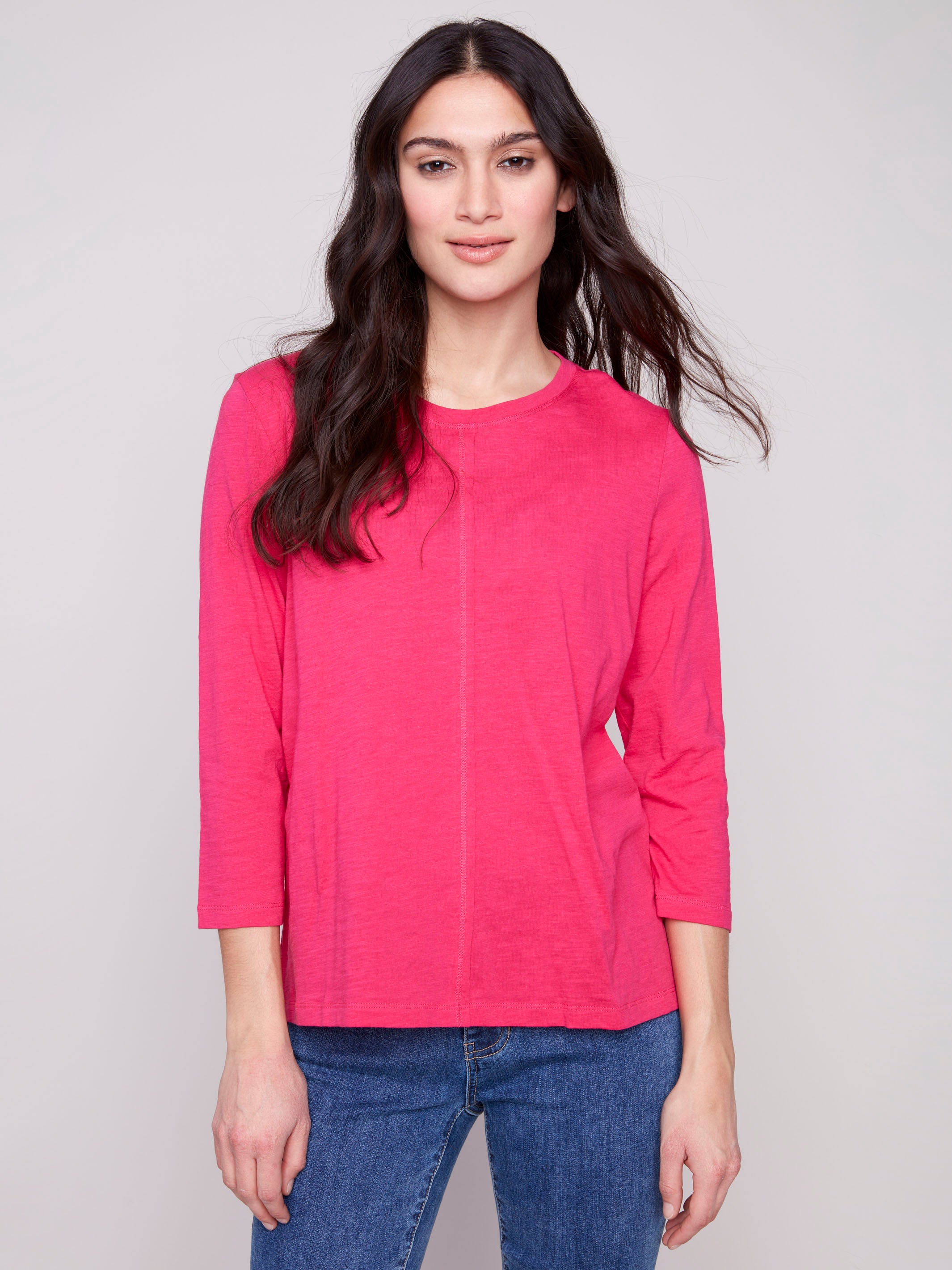 Paradise pink 3/4 sleeve top with front seam detail by Charlie B.