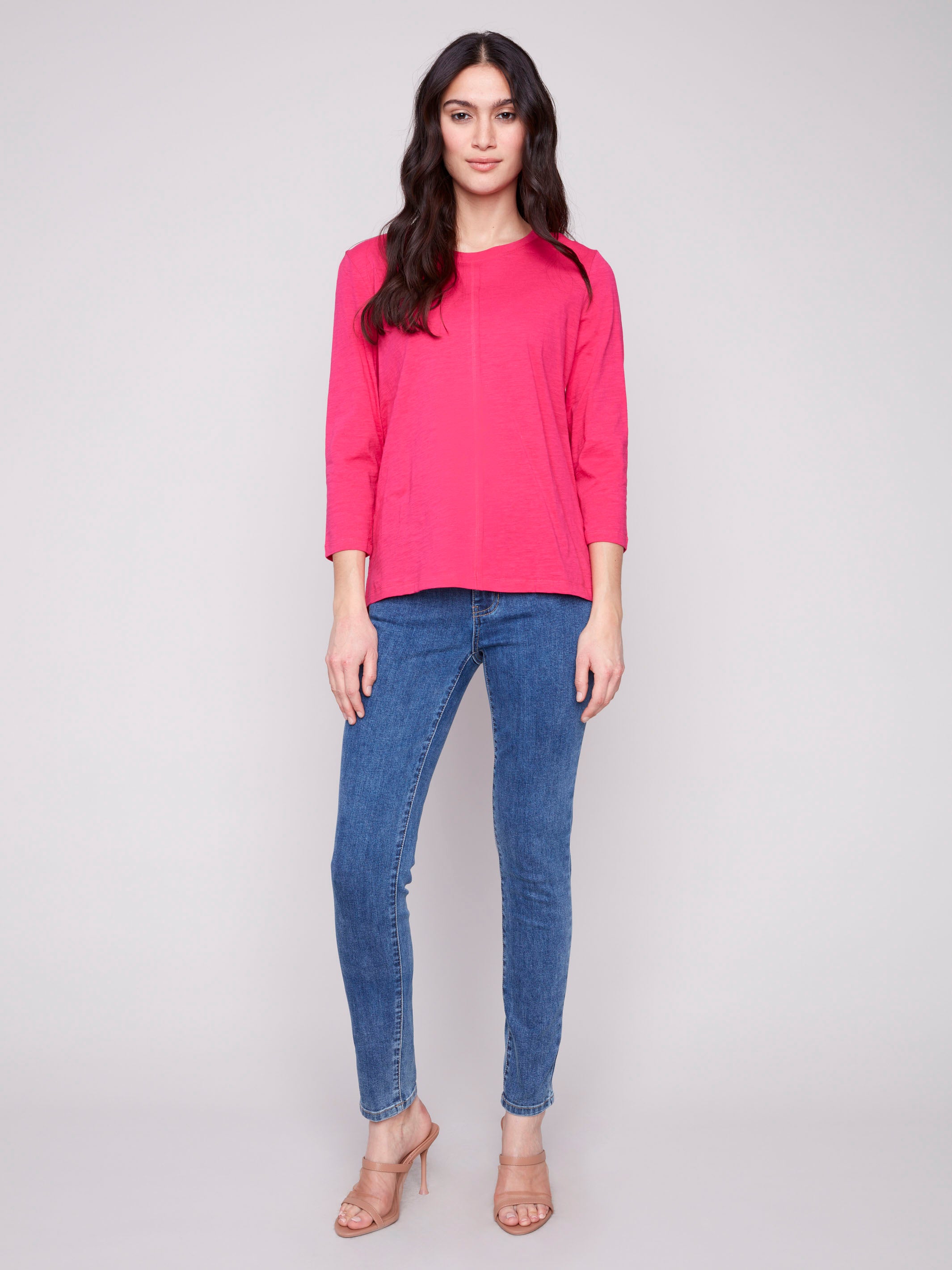 Paradise pink 3/4 sleeve top with front seam detail by Charlie B.