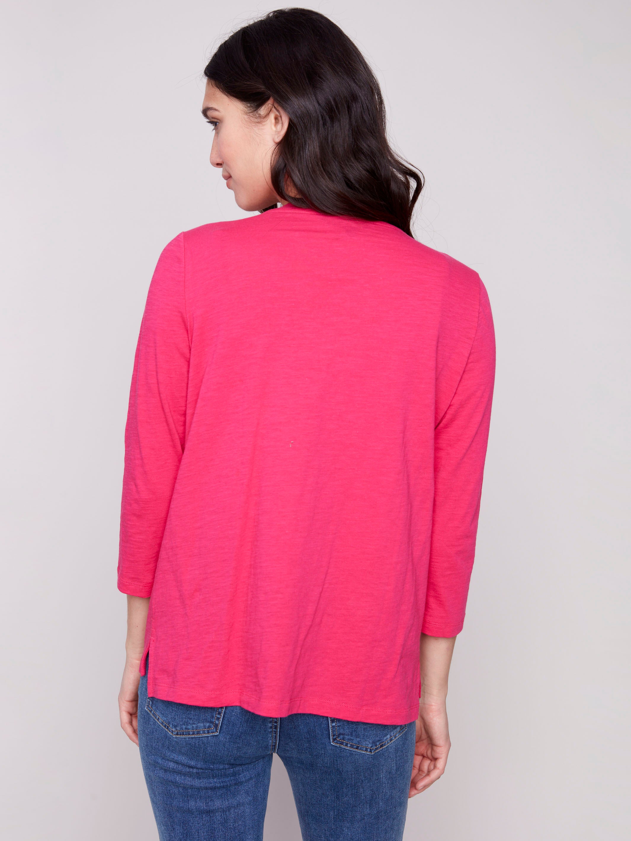 Paradise pink 3/4 sleeve top with front seam detail by Charlie B.