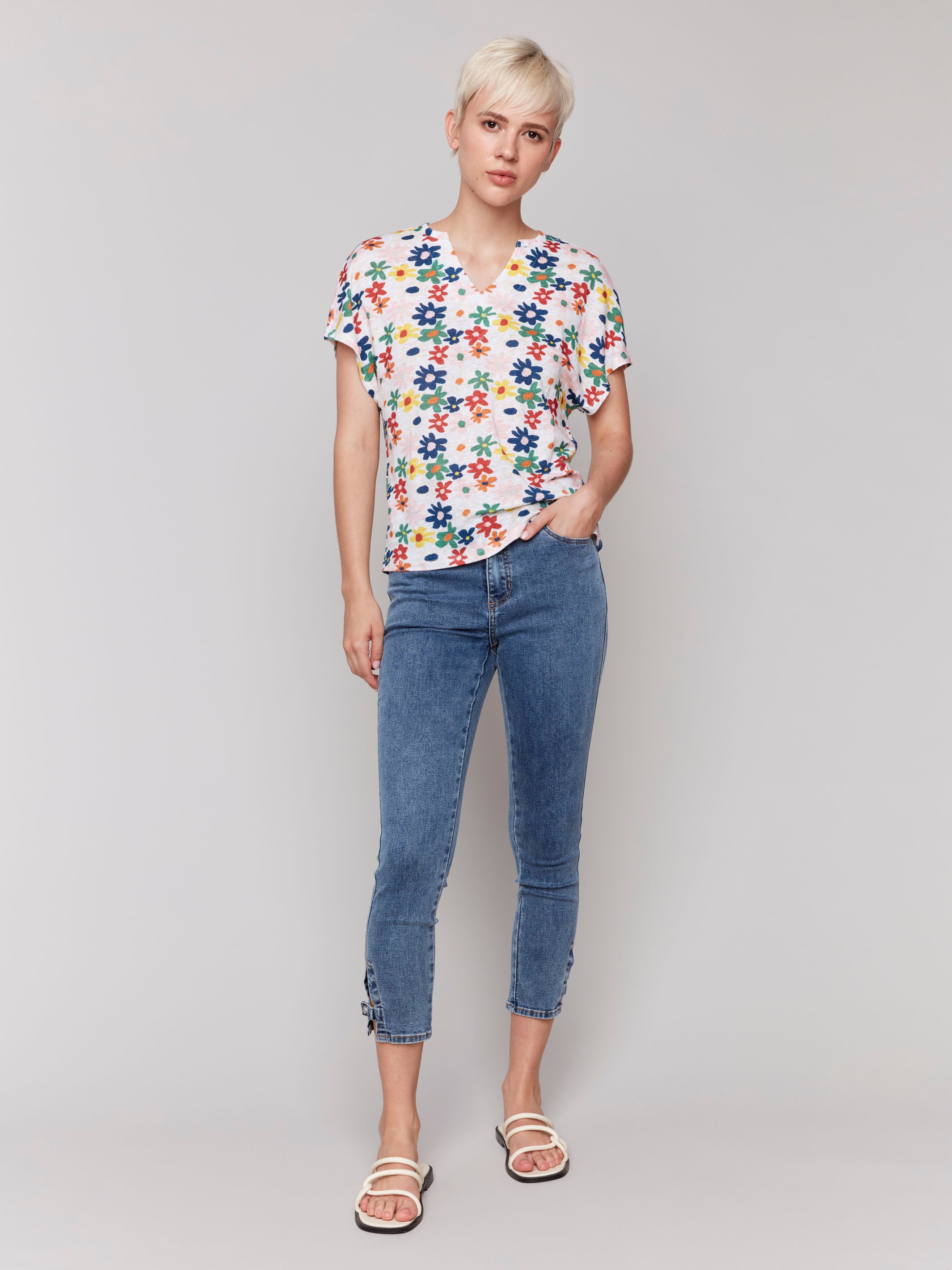 Floral print top with short sleeves, made from a soft linen blend by Charlie B.