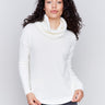 Ecru round hem sweater with a removable scarf and front pockets by Charlie B.