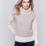 Heather beige turtleneck sweater with color block design, featuring long sleeves and ribbed cuffs by Charlie B.