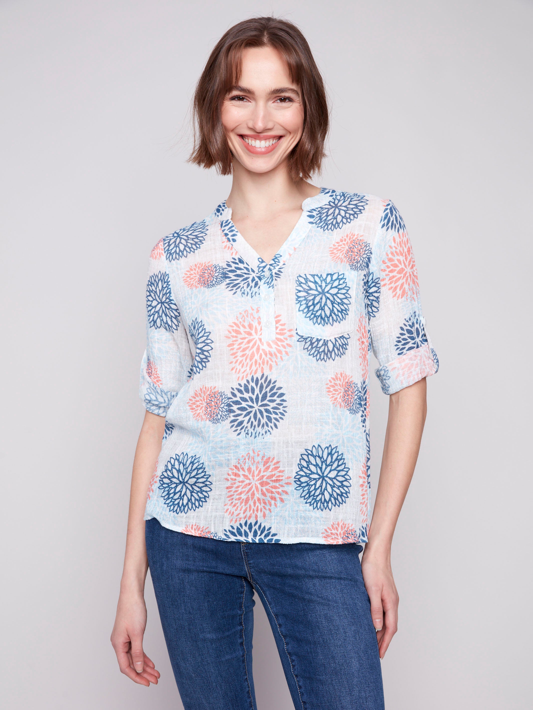 Adjustable 3/4 roll-up sleeves on a stylish jasmine blouse by Charlie B.