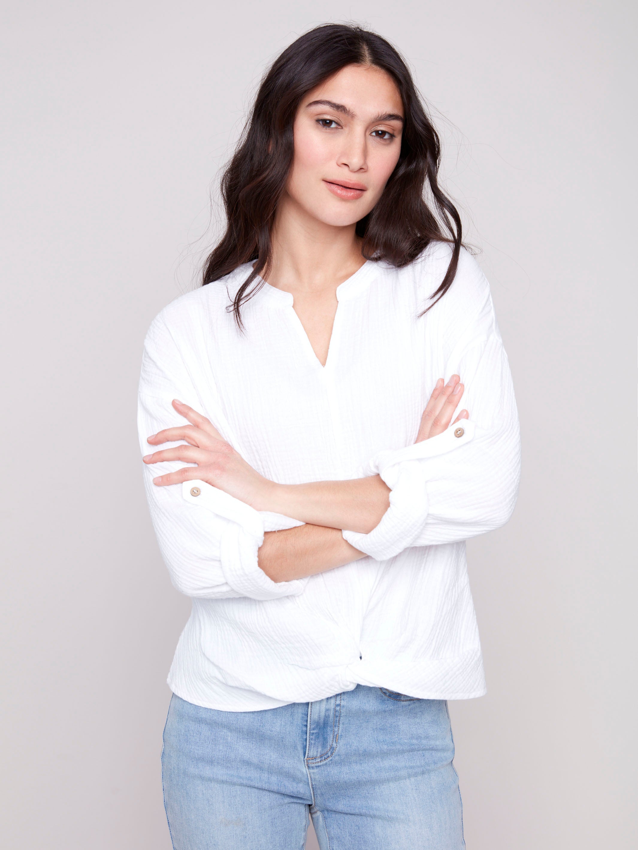 White bubble cotton blouse with Mao collar by Charlie B.