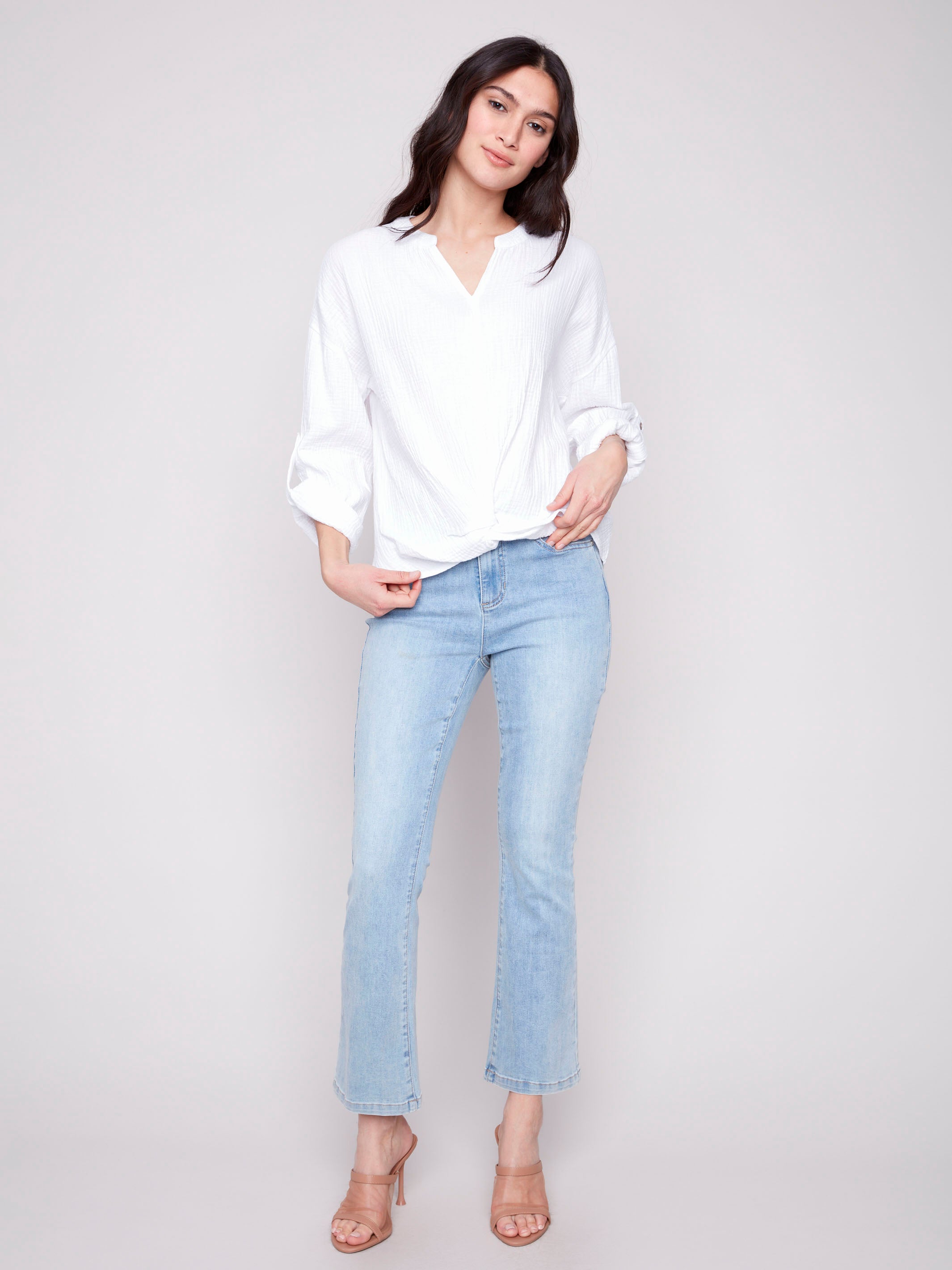 White bubble cotton blouse with adjustable sleeves by Charlie B.