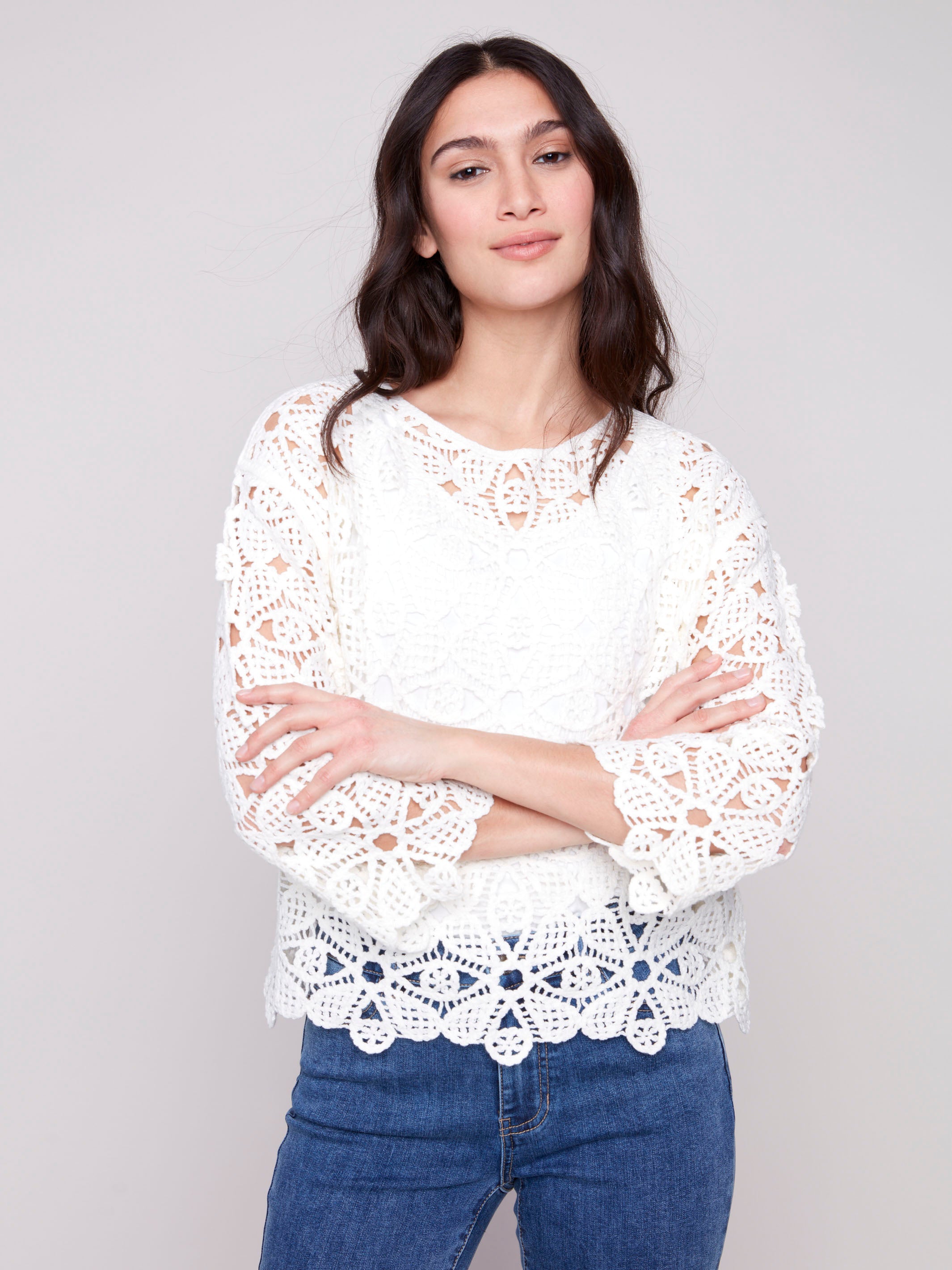 Natural crochet top with boatneck, showcasing stylish design by Charlie B.