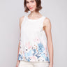 Linen blend top with crew neckline and a floral border by Charlie B.