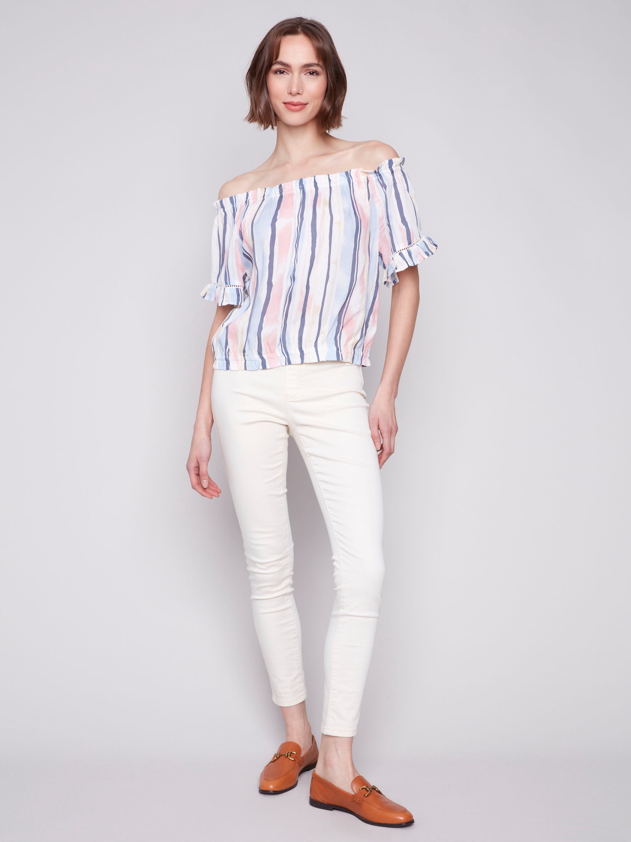 Ruffled short sleeve blouse with stripes by Charlie B.