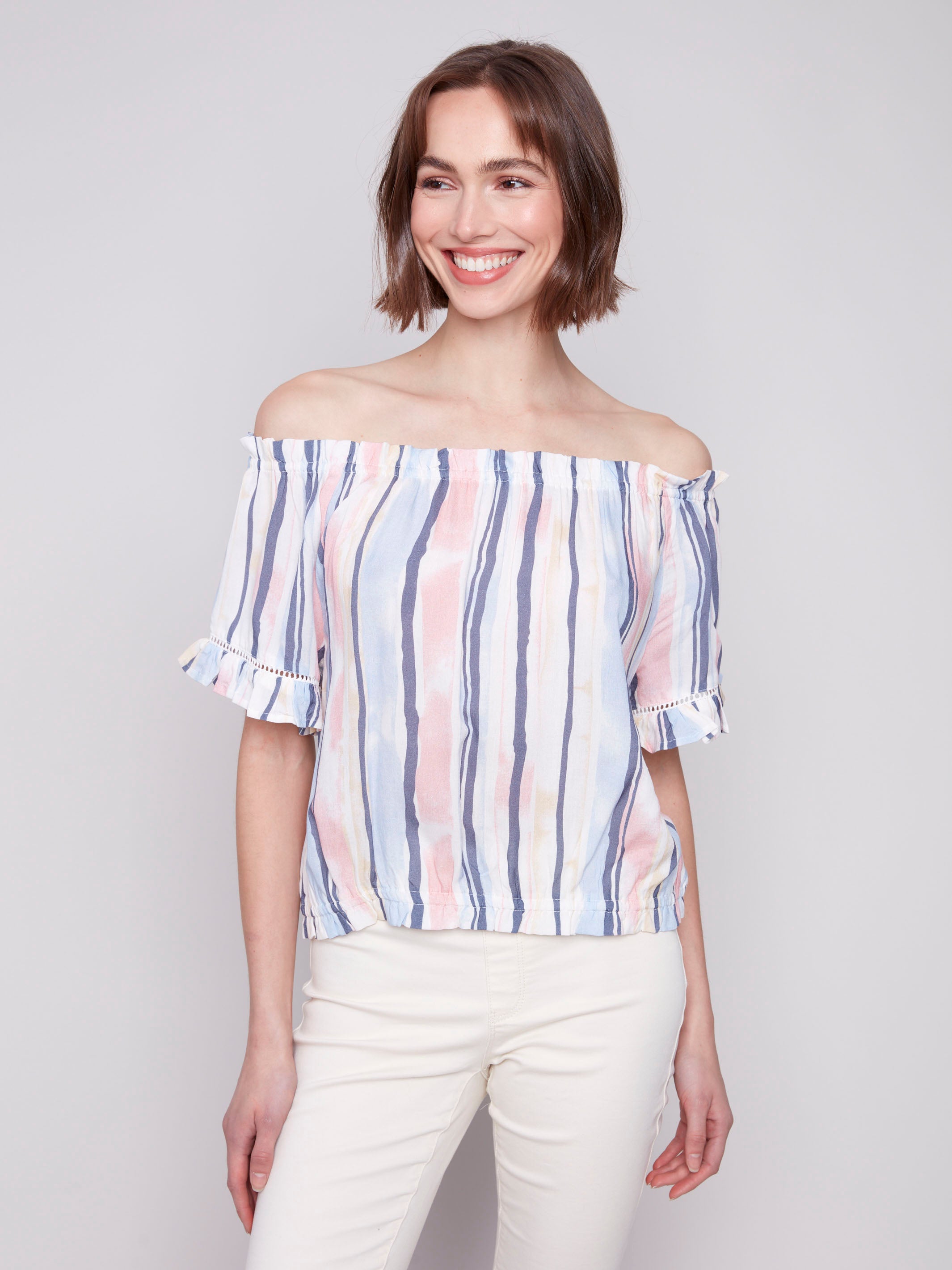 Striped pattern blouse with ruffled sleeves by Charlie B.