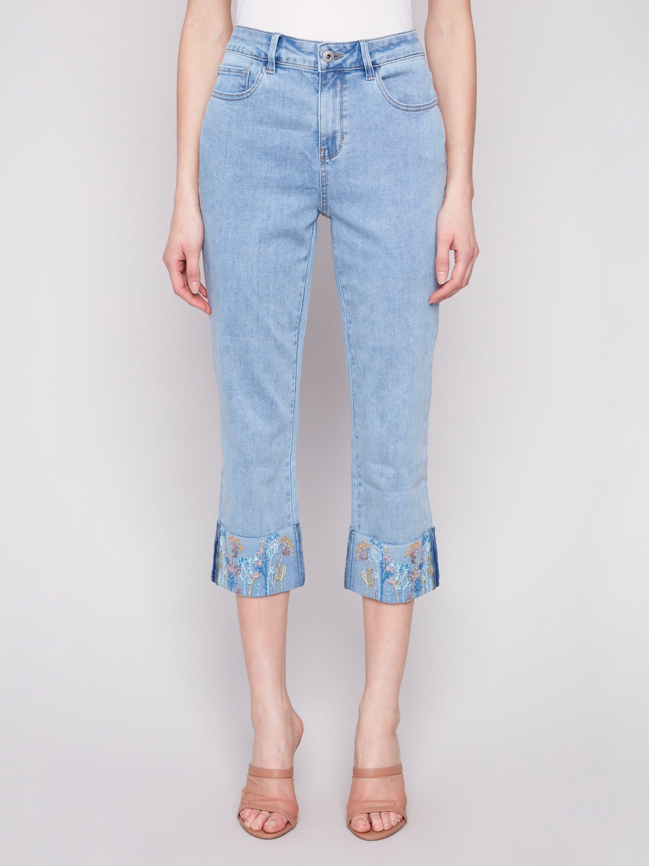 Light blue denim with a straight fit and stretch material for comfort by Charlie B.