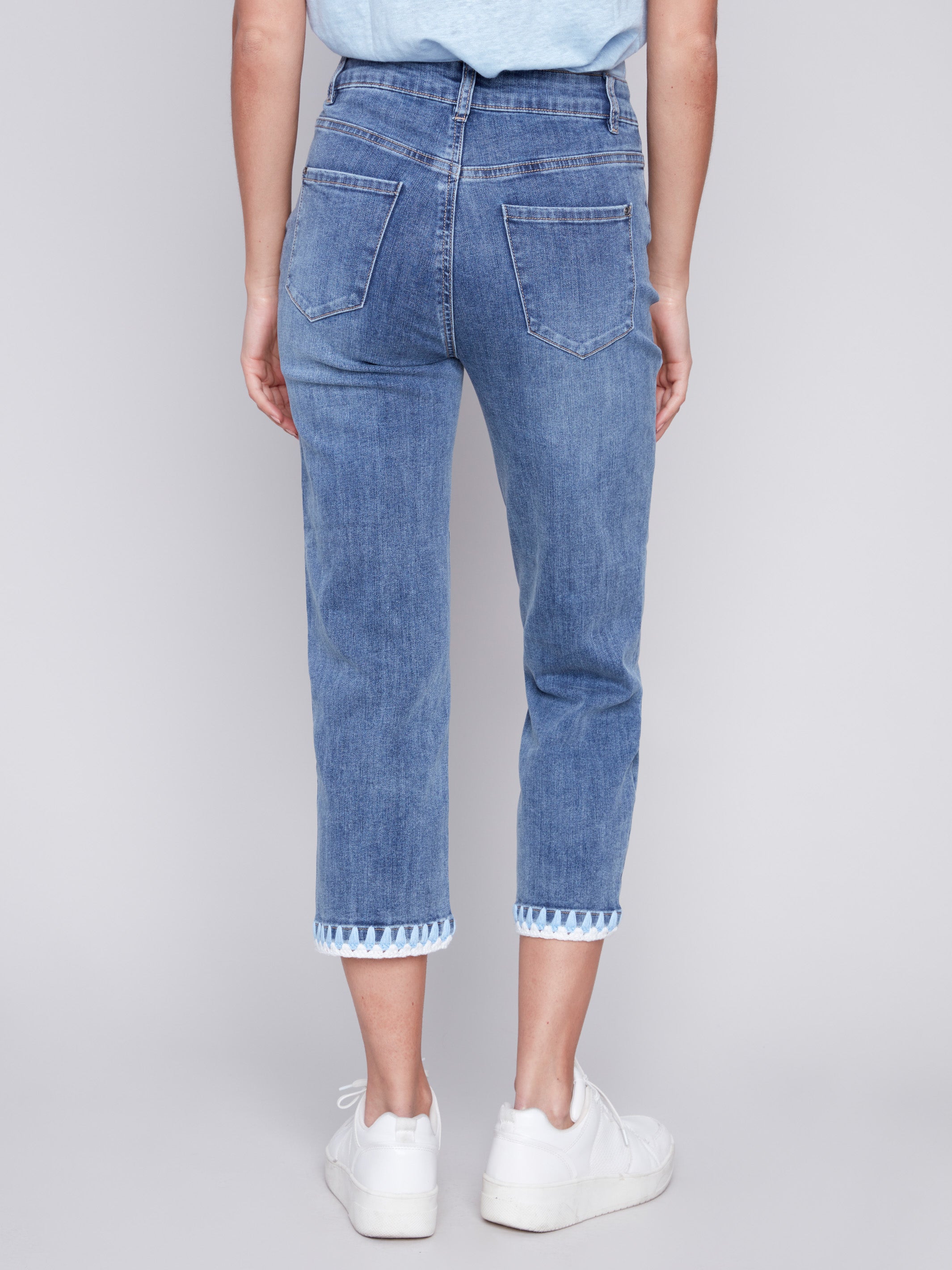 High Waist Boyfriend Fit Medium Blue Denim Jeans Slit Side Front
