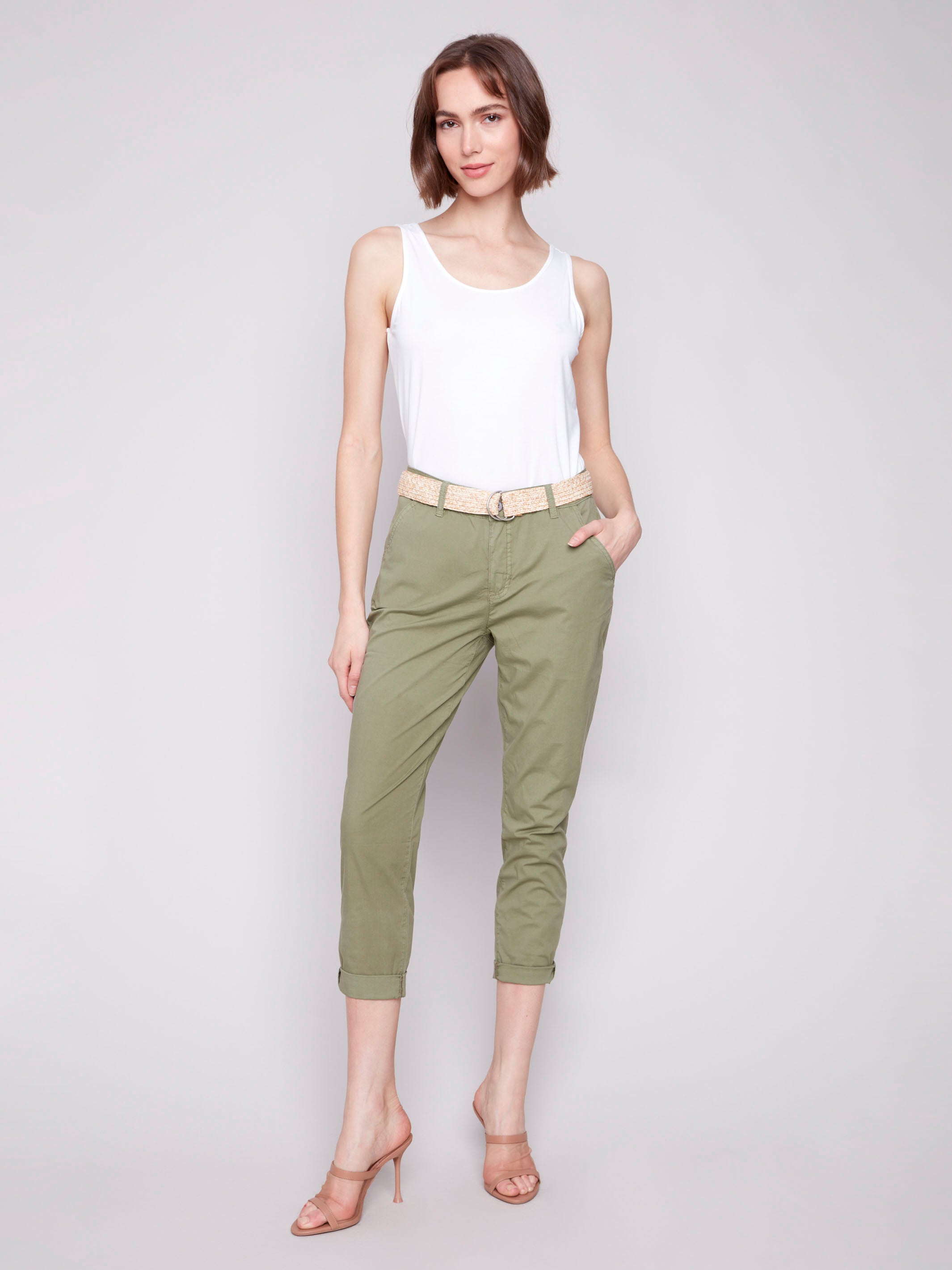 Celadon pants with front pockets, designed for style and function by Charlie B.