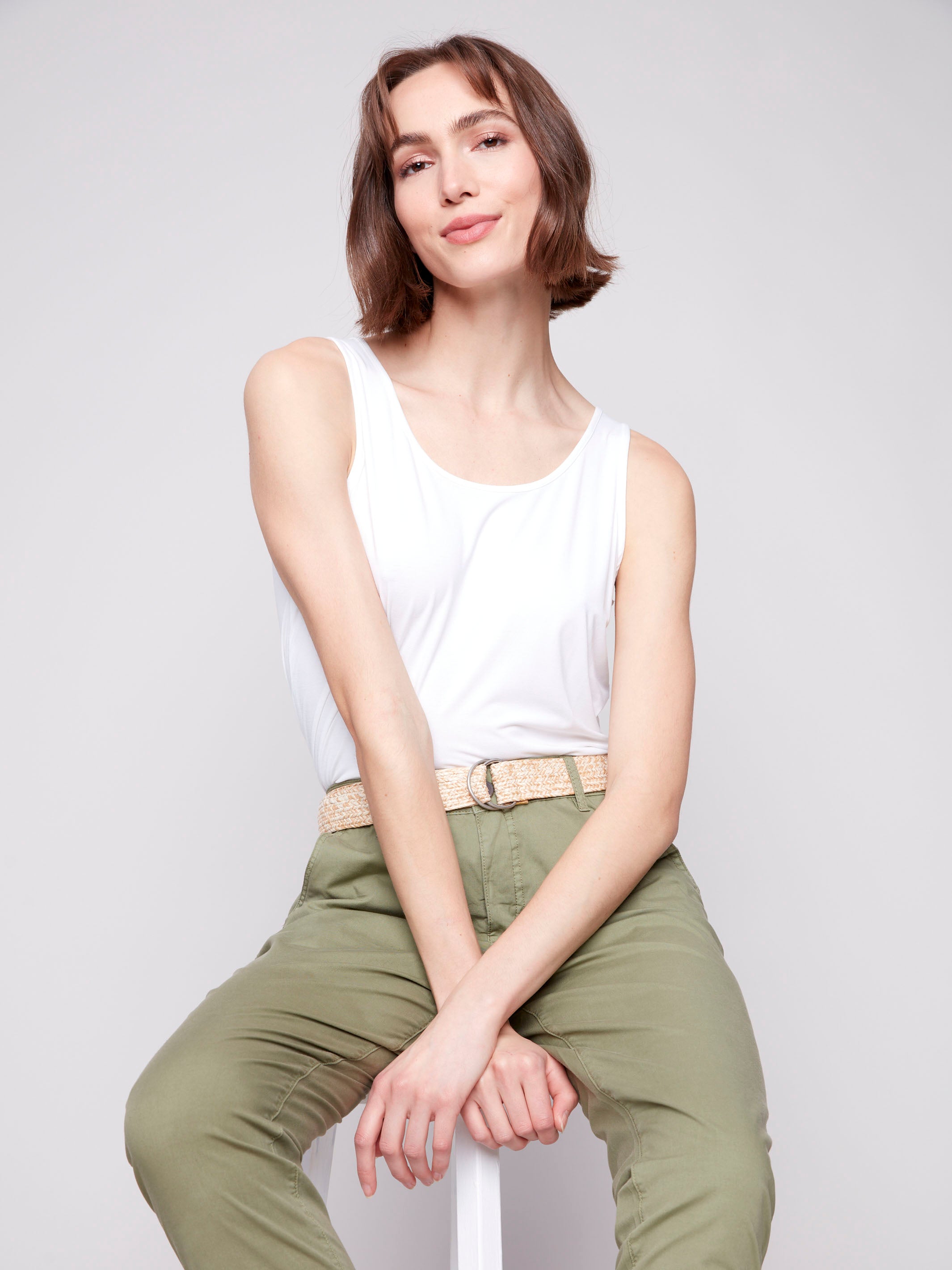 Celadon cropped pants with a woven belt, perfect for any occasion by Charlie B.