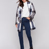 Navy blue plaid bouclé knit coat featuring a tailored collar and patch pockets by Charlie B.