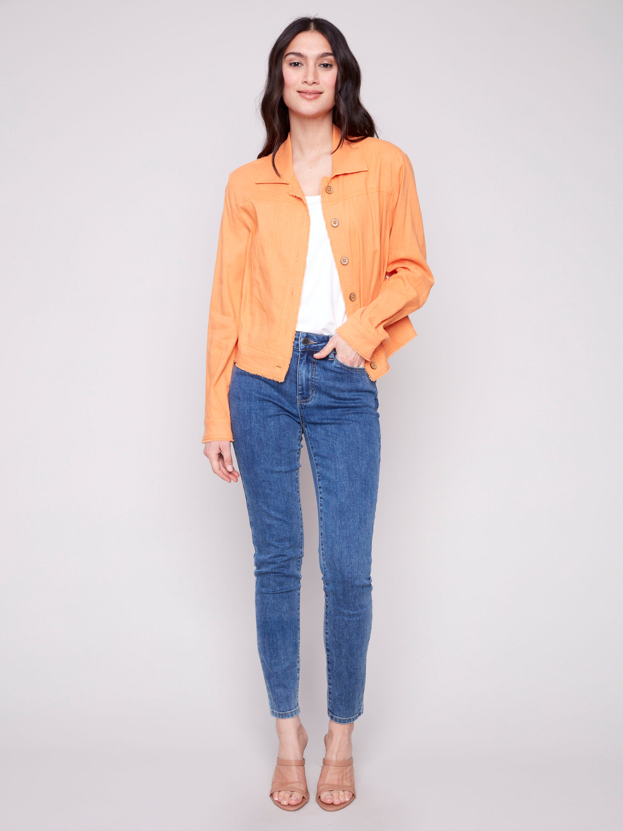 Chic linen blend jacket in papaya with frayed edges by Charlie B.