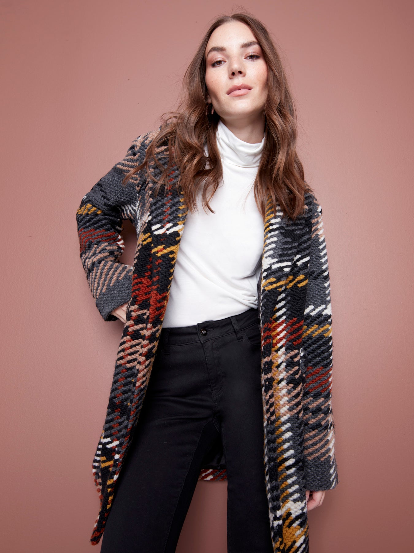 Charlie B - Straight Cut Plaid Bouclé Knit Coat With Lining - Gold