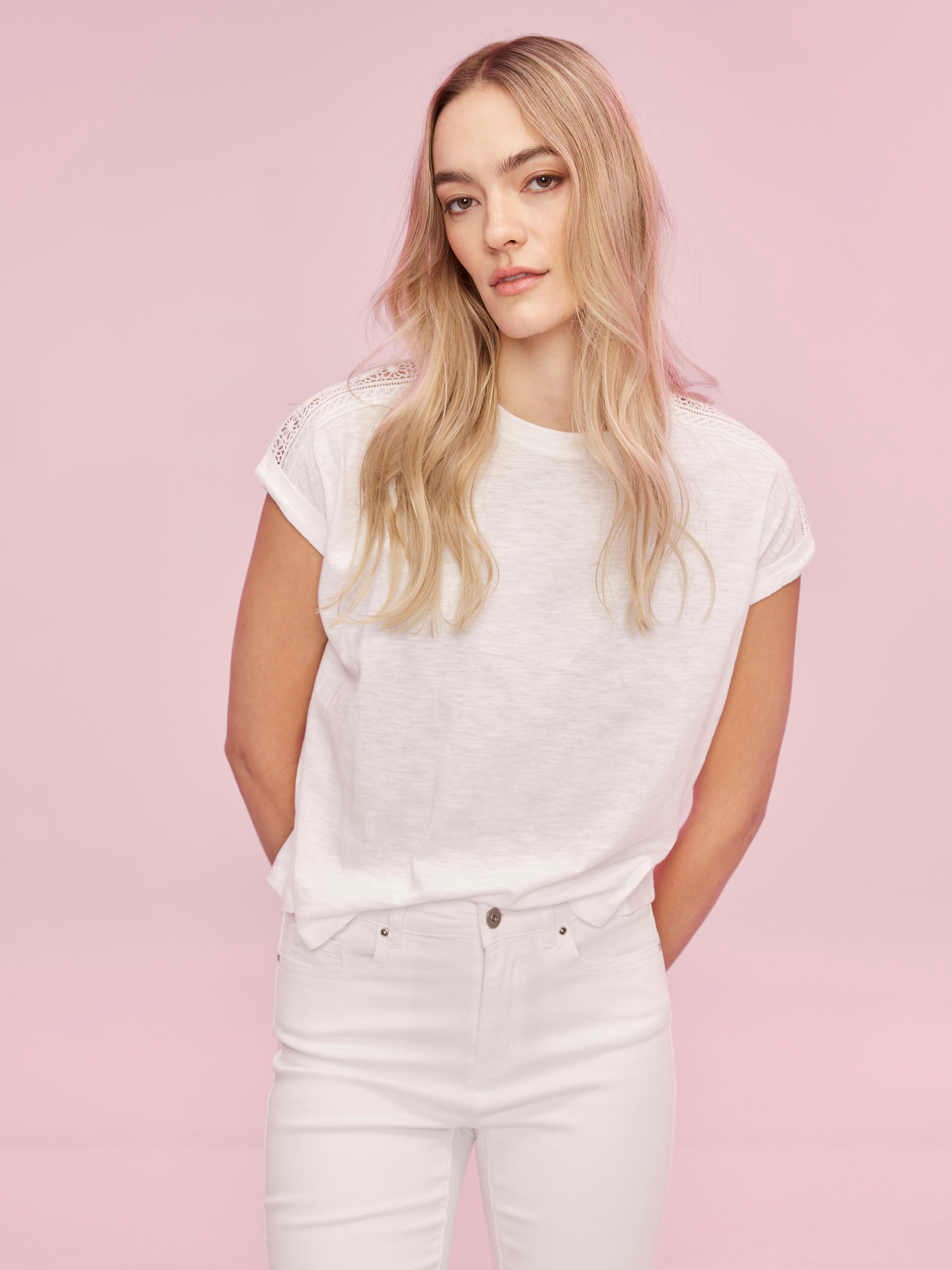 Drop Shoulder T-Shirt with Lace Detail - White