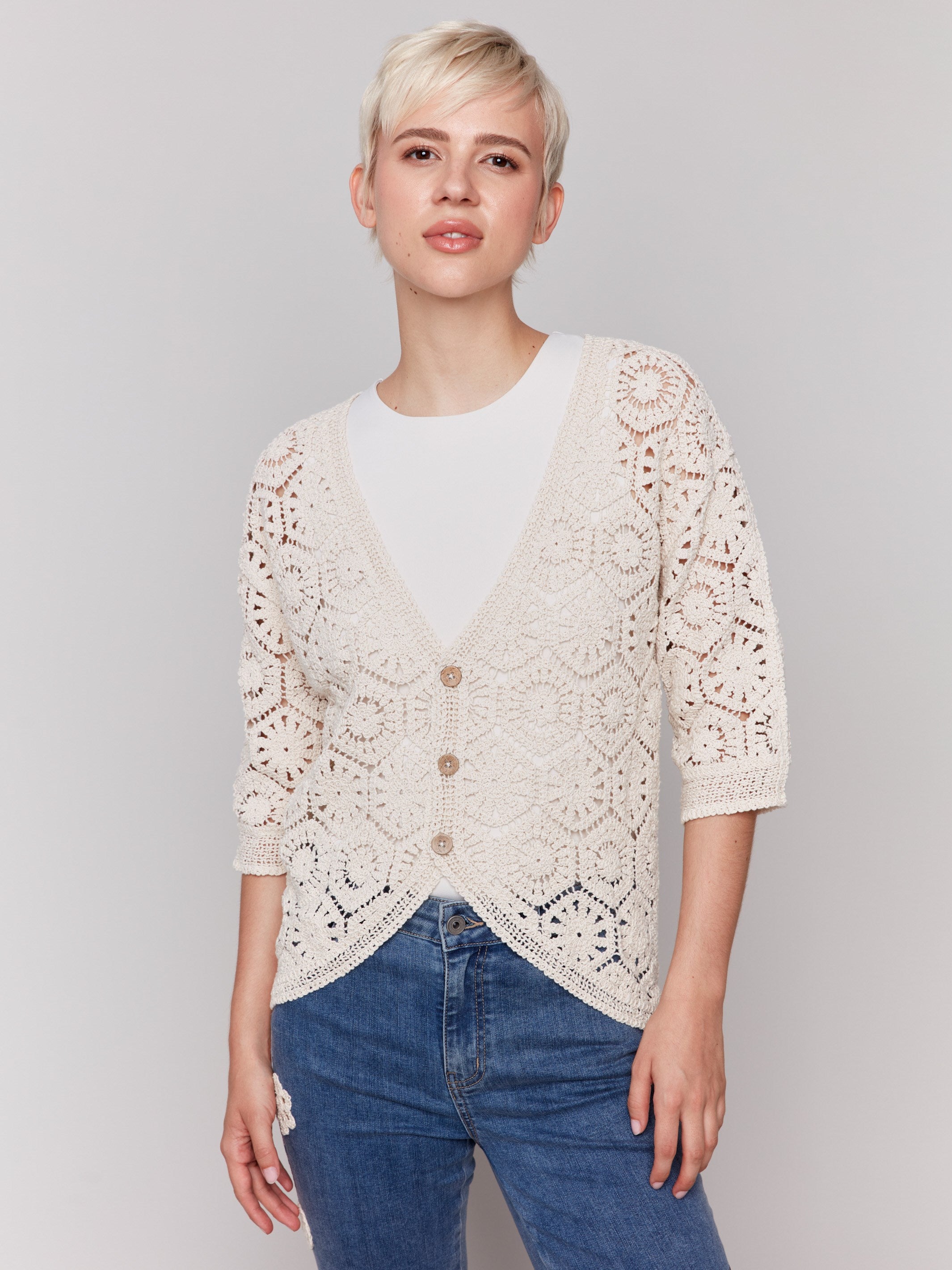 V neckline crochet cardigan with intricate design by Charlie B.