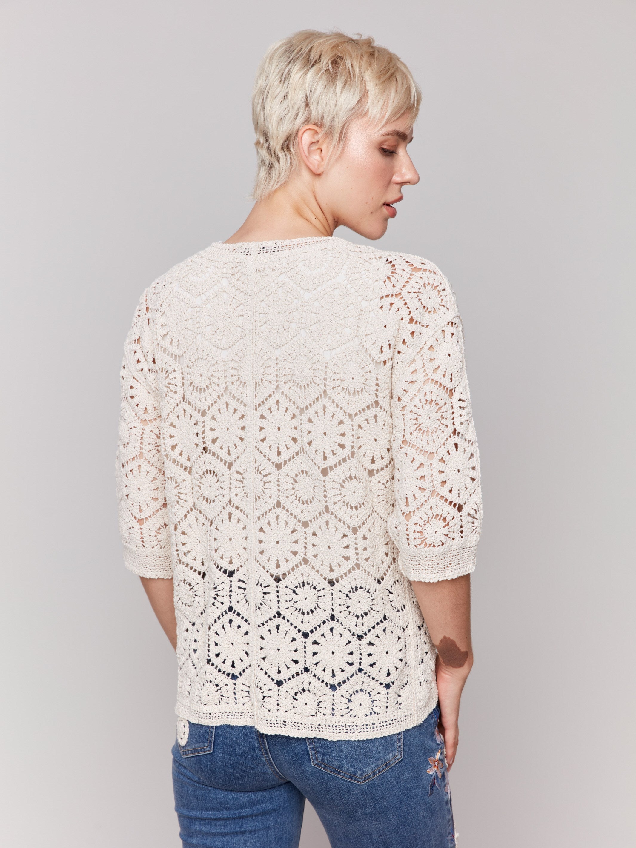 3/4 sleeves enhance the elegance of this natural cardigan by Charlie B.