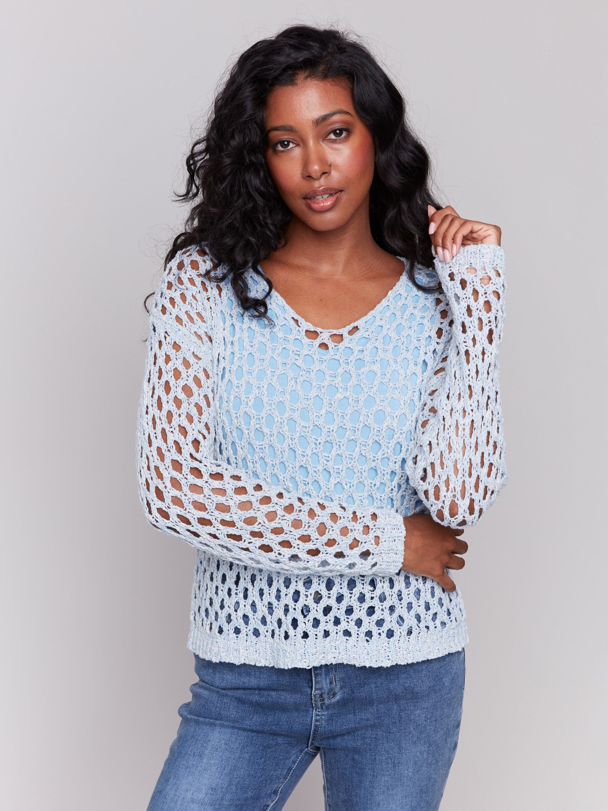 Denim sweater with a stylish braided fishnet design by Charlie B.