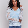 Denim sweater with a stylish braided fishnet design by Charlie B.