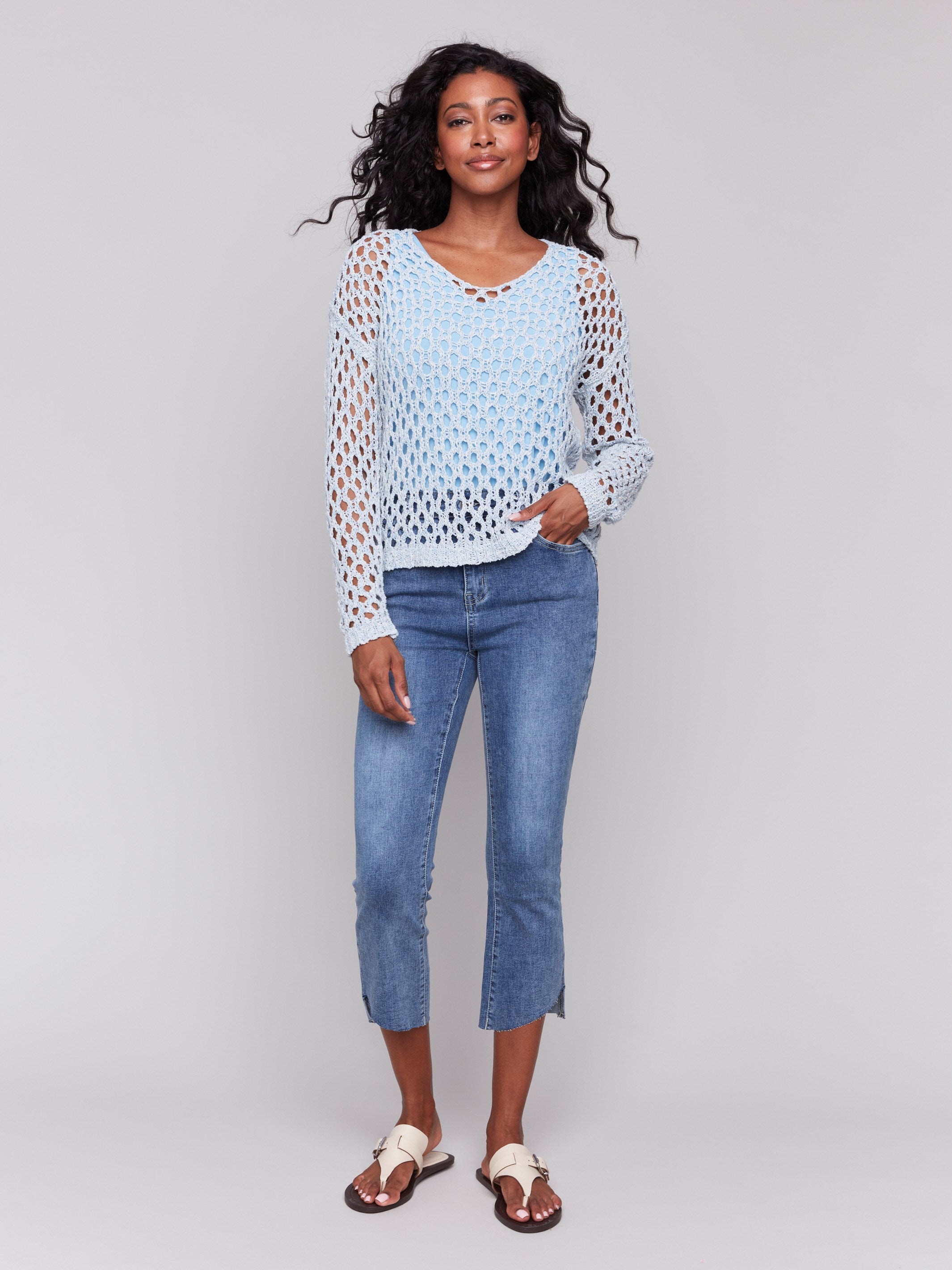 Elegant long-sleeved fishnet sweater in denim tone by Charlie B.