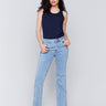 Light blue jeans with braided side seams, regular rise, and straight leg by Charlie B.