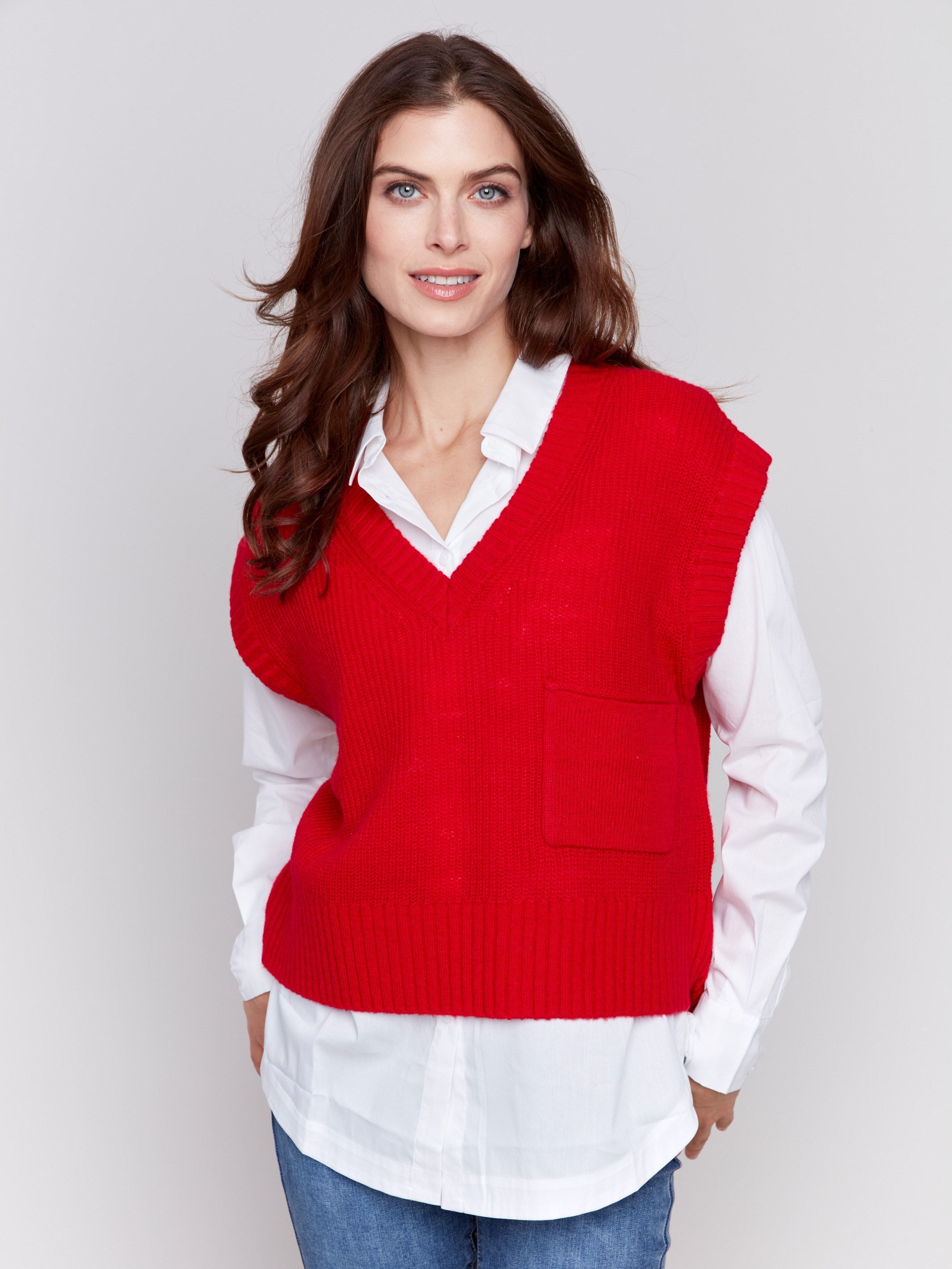 Cranberry red soft touch sweater vest with a V-neck and relaxed fit, perfect for layering by Charlie B.