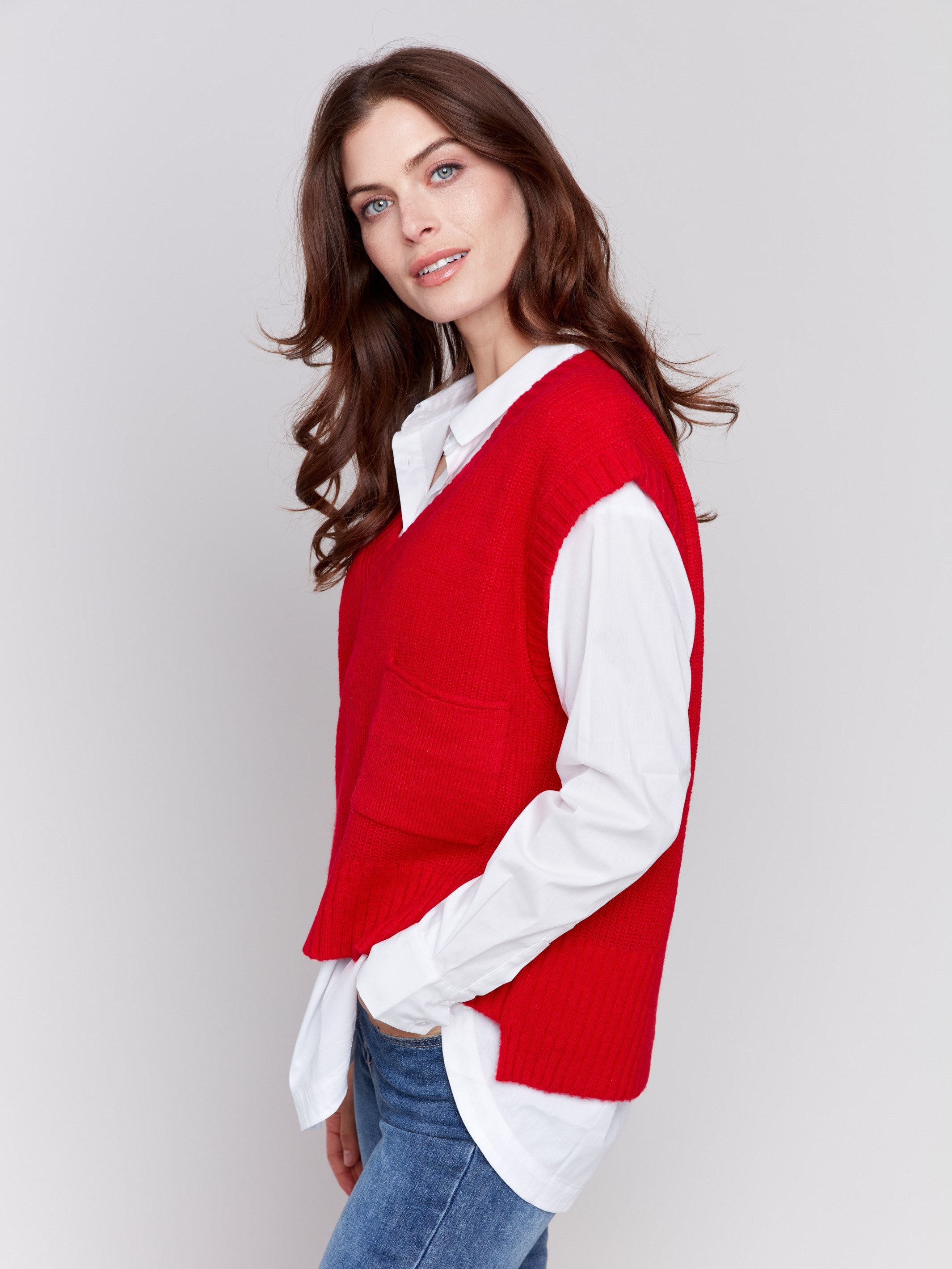 Cranberry red soft touch sweater vest with a V-neck and relaxed fit, perfect for layering by Charlie B.