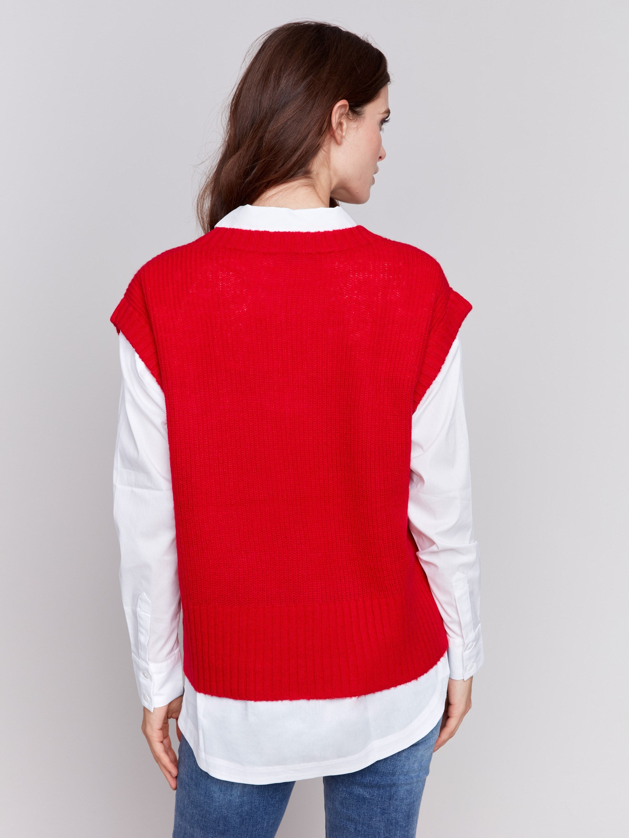 Cranberry red soft touch sweater vest with a V-neck and relaxed fit, perfect for layering by Charlie B.