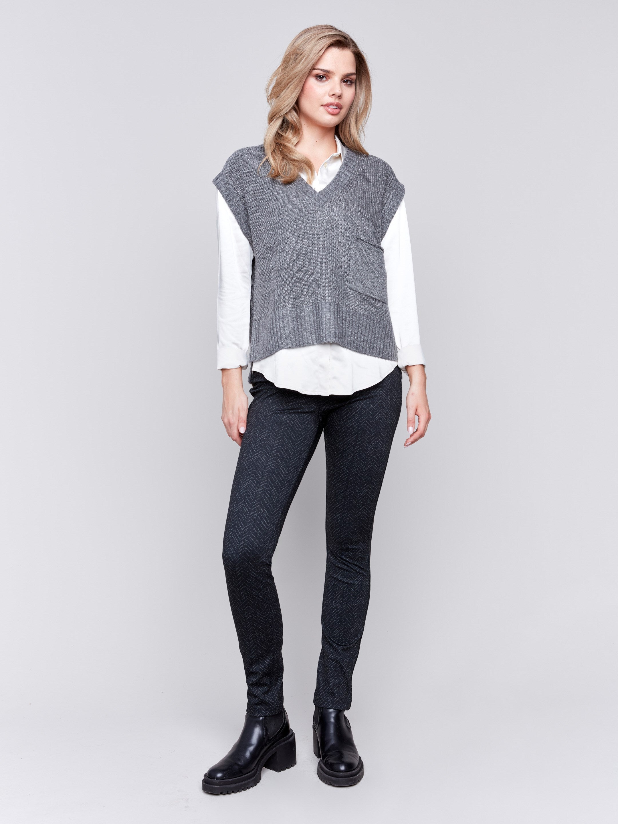 Grey soft touch sweater vest with a V-neck and relaxed fit, perfect for layering by Charlie B.