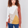 Color block sweater in shades of ecru and brown with a crew neckline and long sleeves by Charlie B.