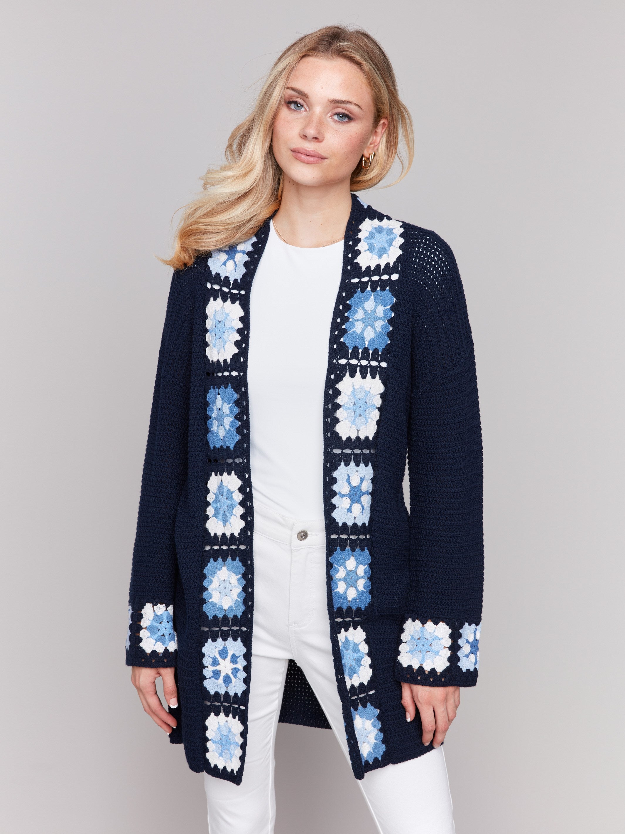 Navy cardigan with long sleeves and colorful crochet border by Charlie B.