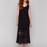 Black crochet maxi dress with handcrafted patterns by Charlie B.