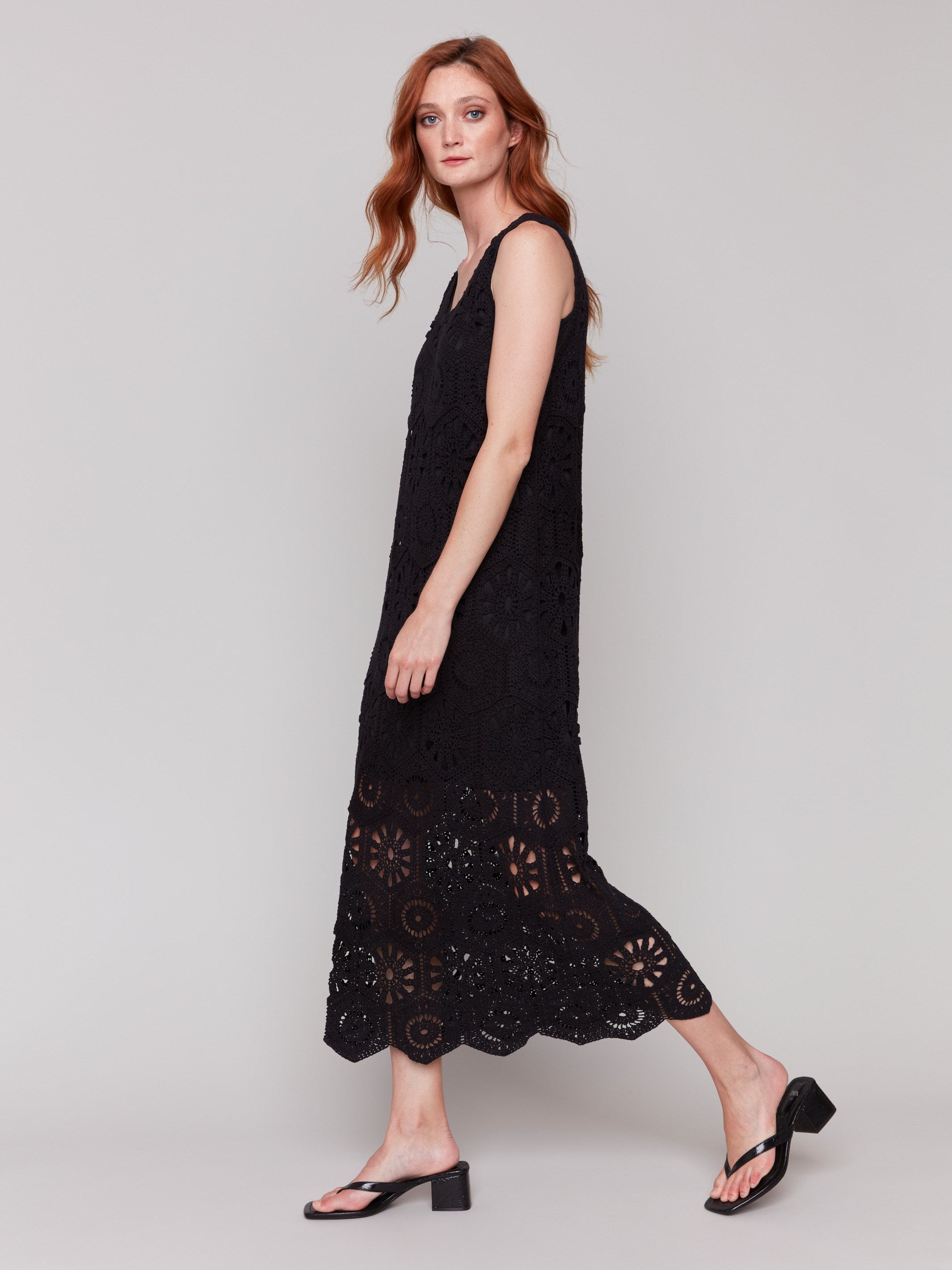 Stylish ankle-length black crochet dress by Charlie B.