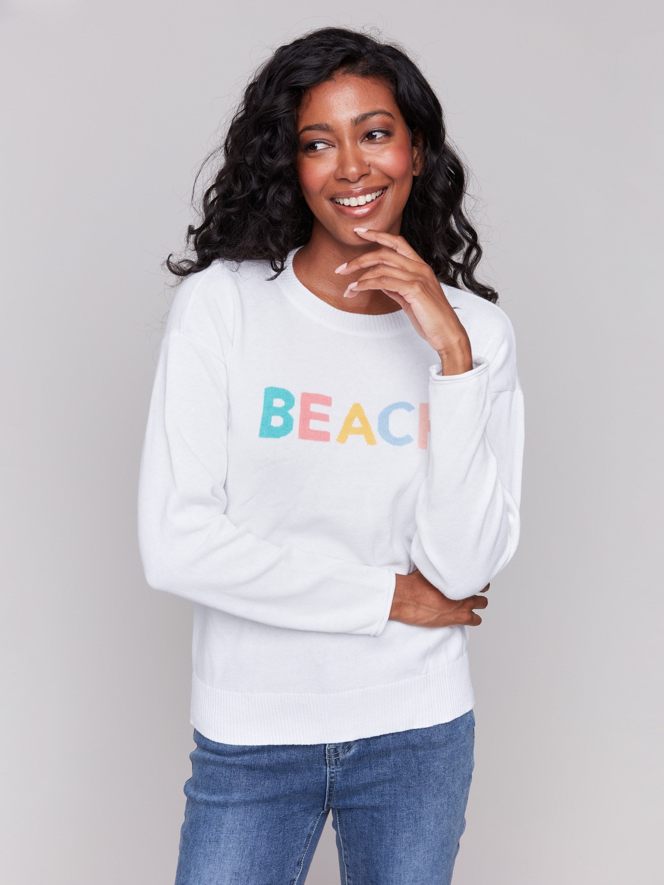 Stylish white knit with 'BEACH' chest detail by Charlie B.