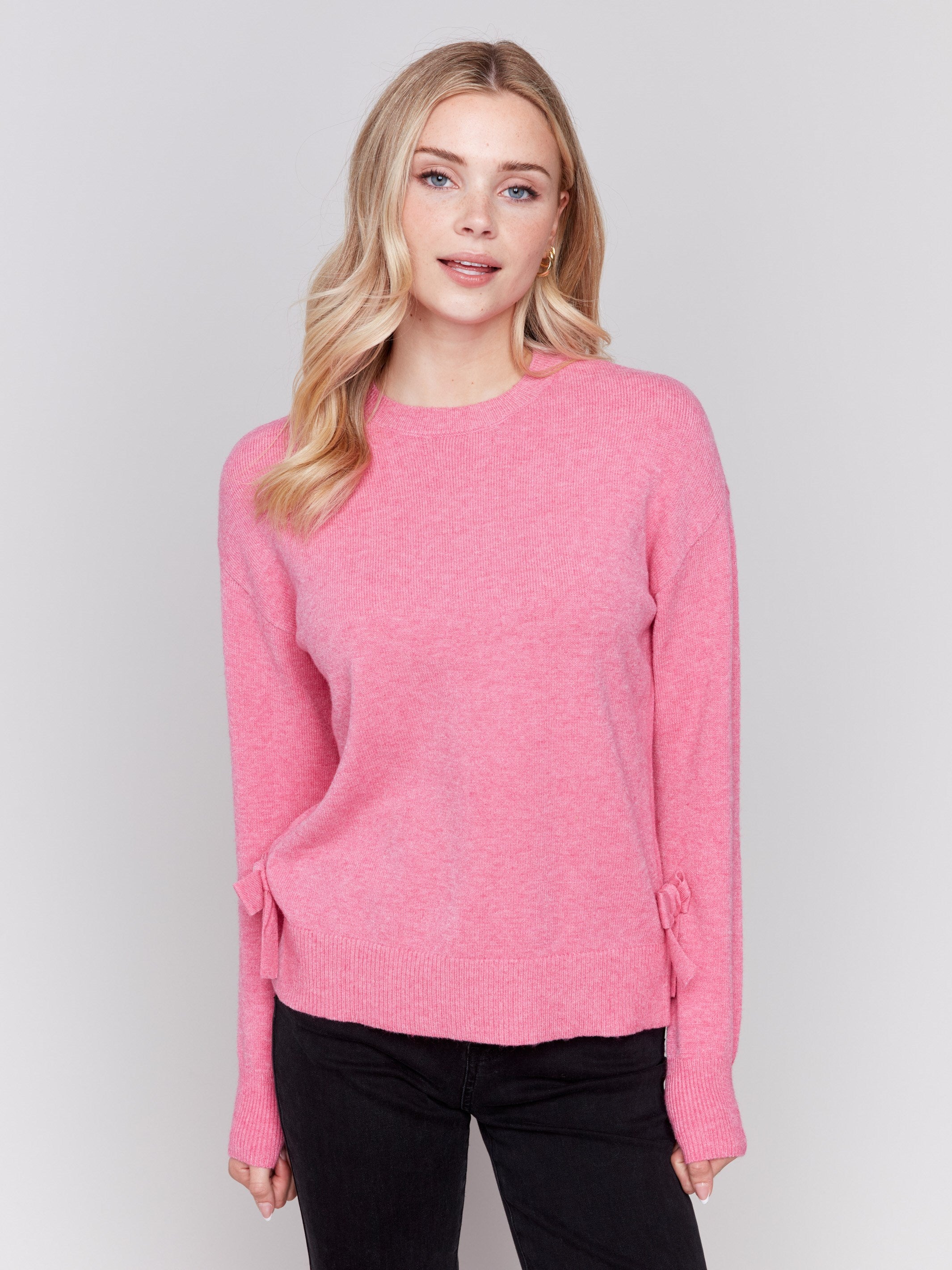 Heather magenta long-sleeve crew neck sweater with side bow details by Charlie B.