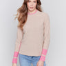 Beige crew neck sweater with pink accents and side slit, long sleeves, ideal for a casual look by Charlie B.