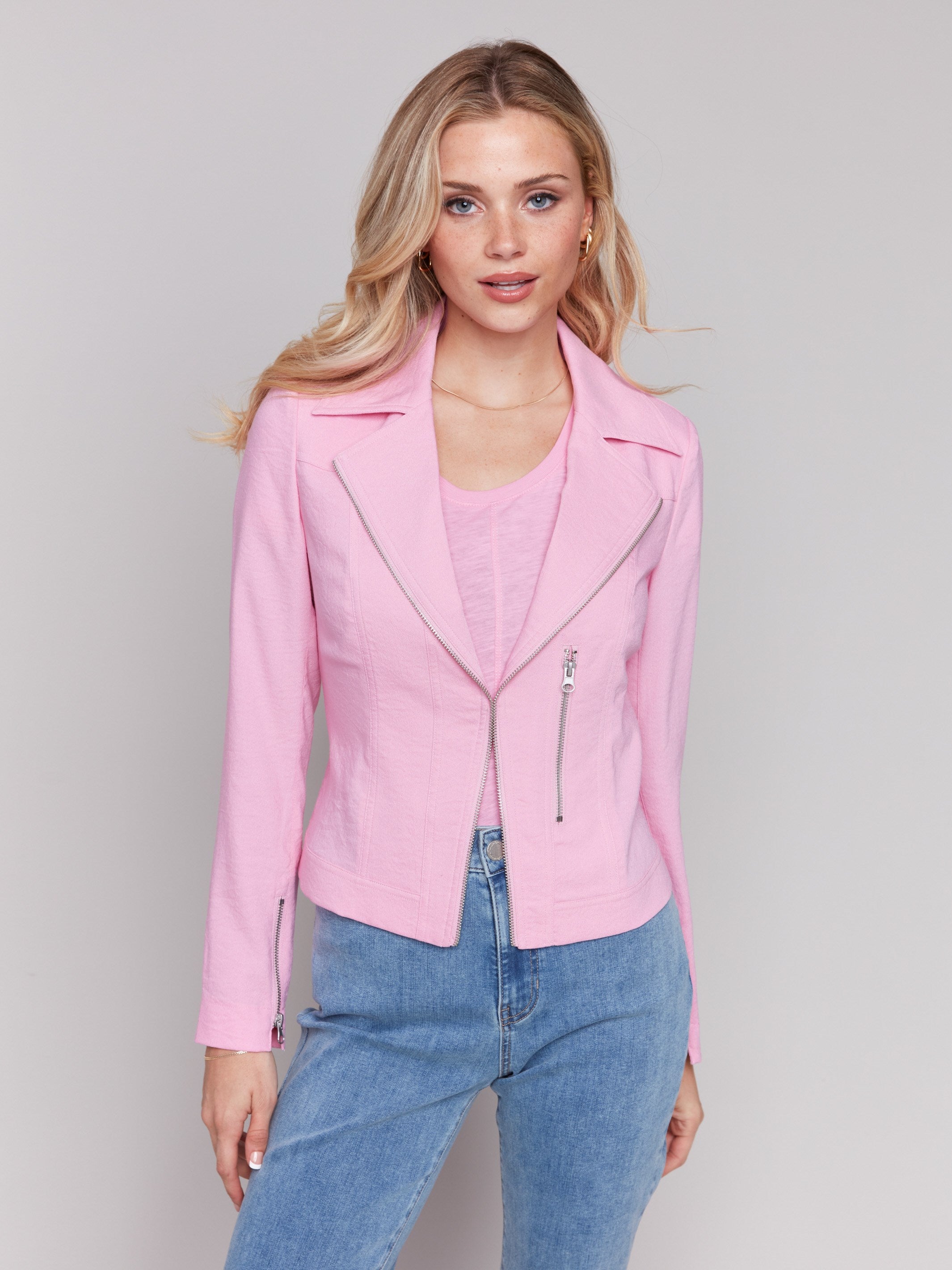 Pink jacket with a lapel collar and crinkle finish by Charlie B.