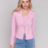 Pink jacket with a lapel collar and crinkle finish by Charlie B.