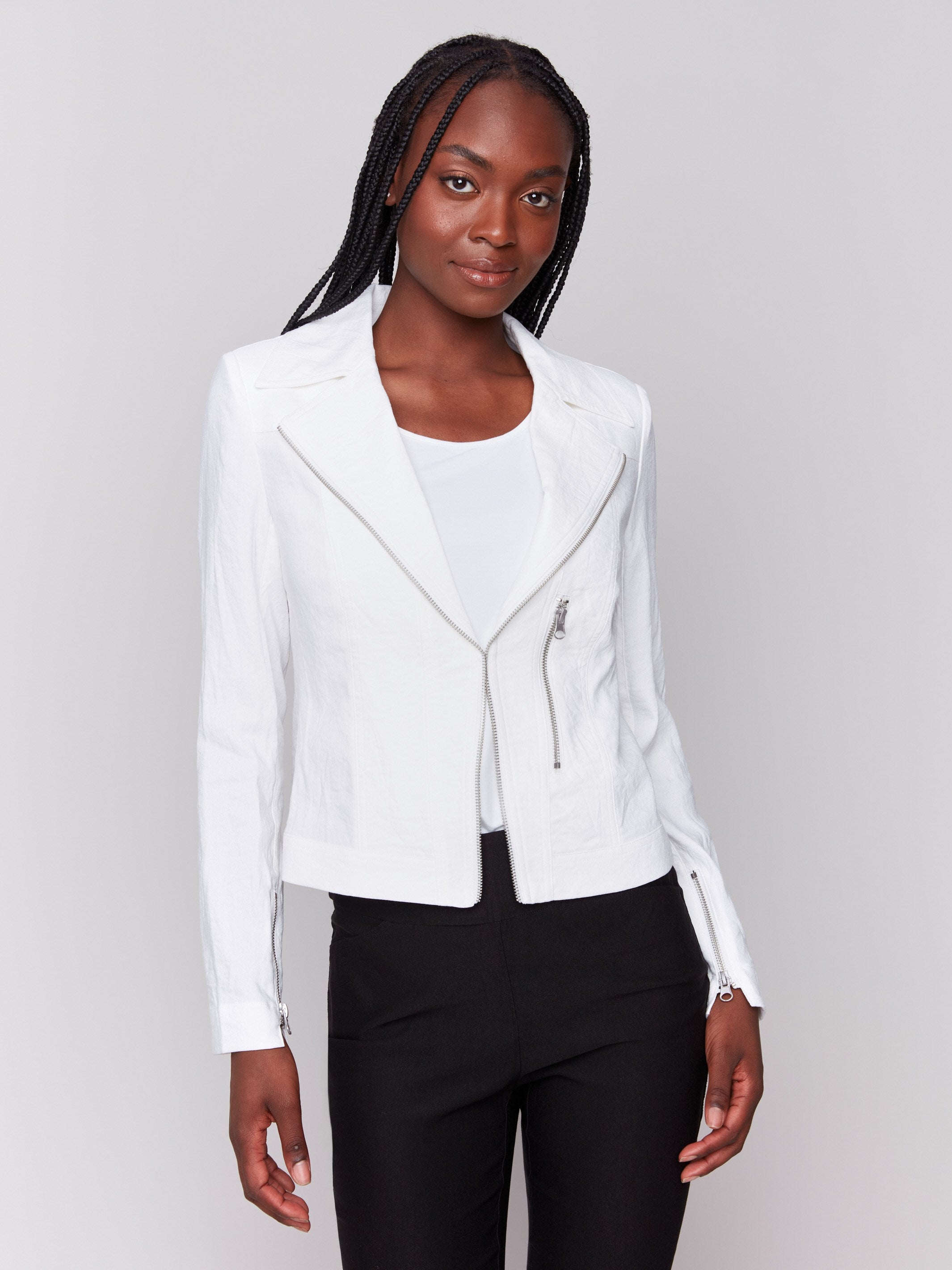 White biker jacket with a lapel collar and crinkle finish by Charlie B.