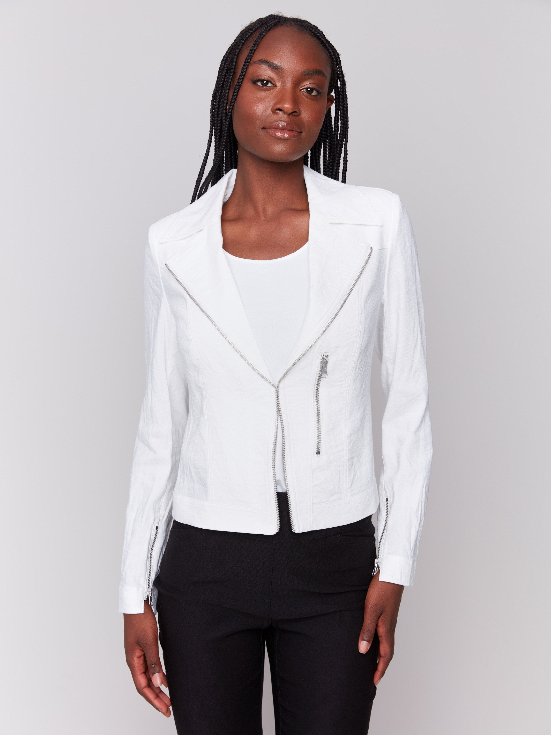 White biker jacket with hook-and-eye closure detail by Charlie B.