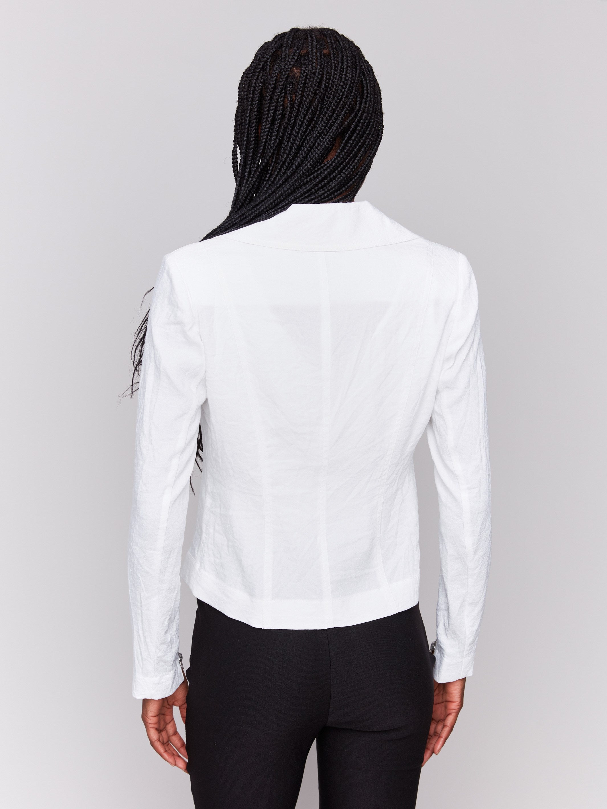 White biker jacket showcasing faux front zipper pocket by Charlie B.