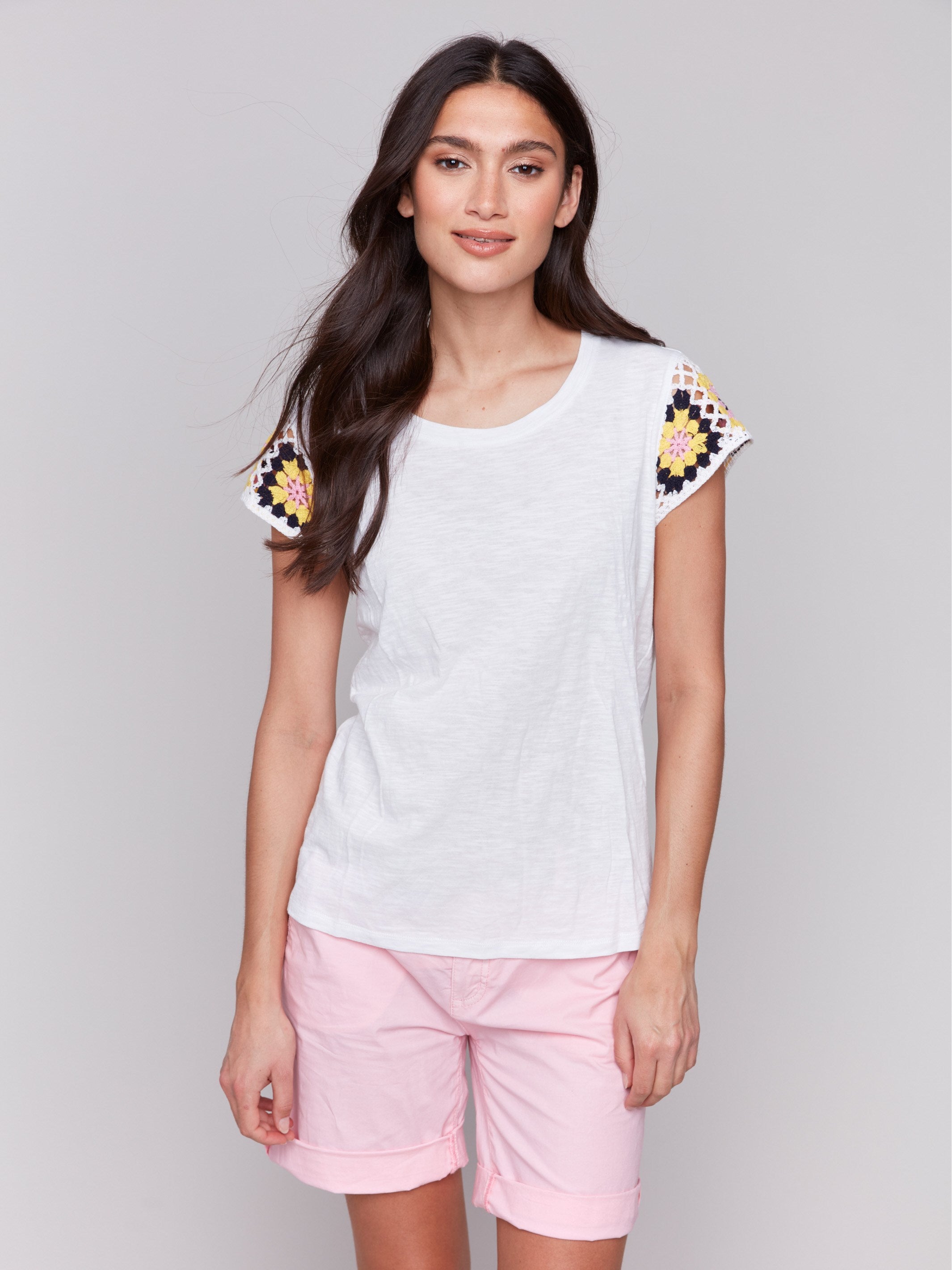 Cotton t-shirt featuring crochet sleeves by Charlie B.