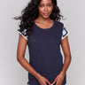 Cotton navy t-shirt featuring crochet cap sleeves by Charlie B.