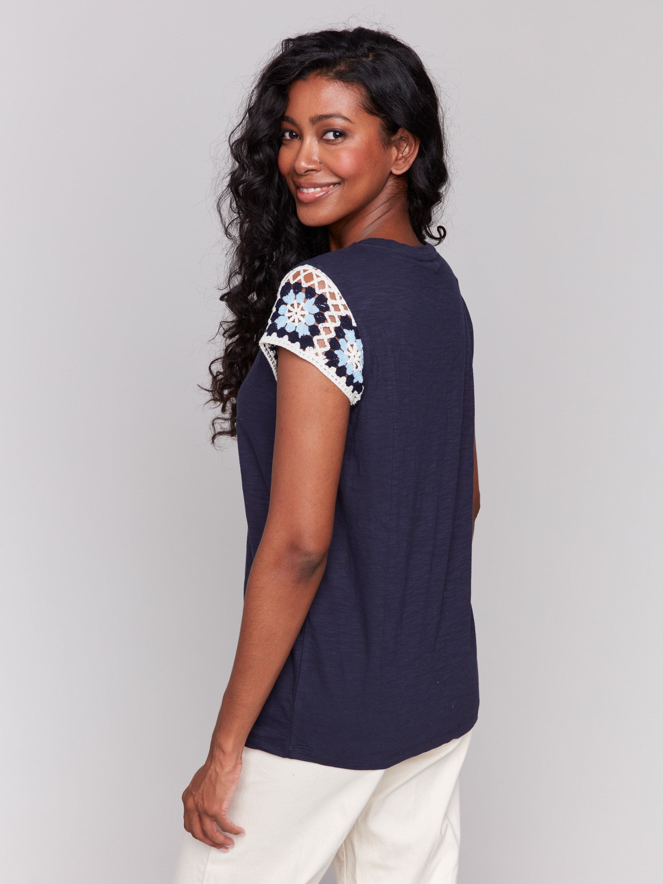 Chic navy t-shirt showcasing a crew neckline by Charlie B.