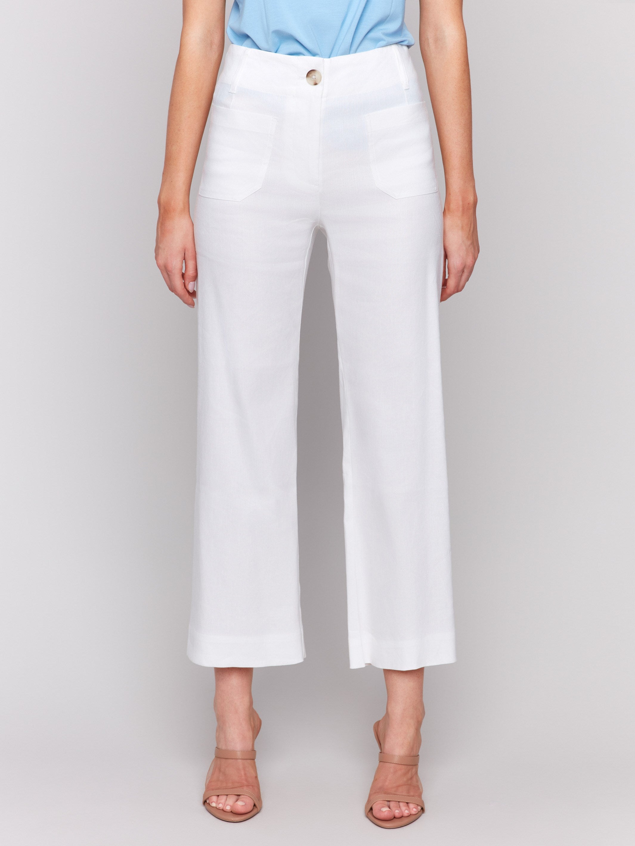 Comfortable white pants in stretch linen blend fabric by Charlie B.